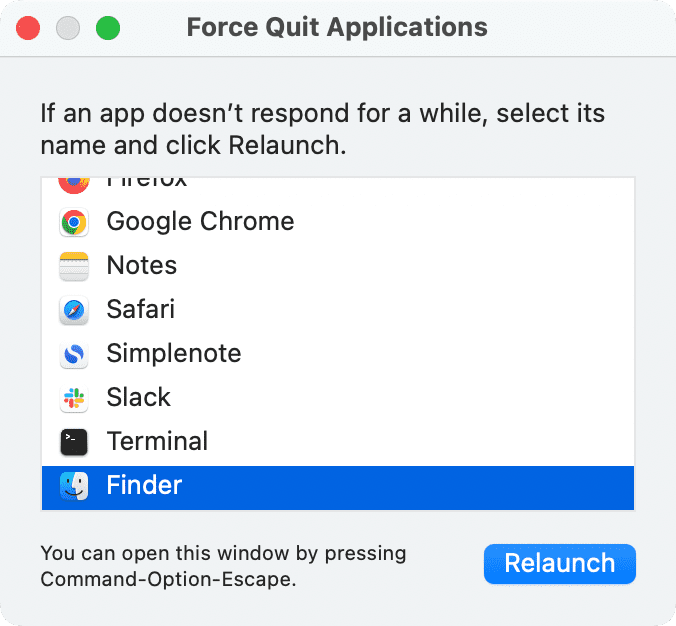 Relaunch Finder using the Force Quit menu