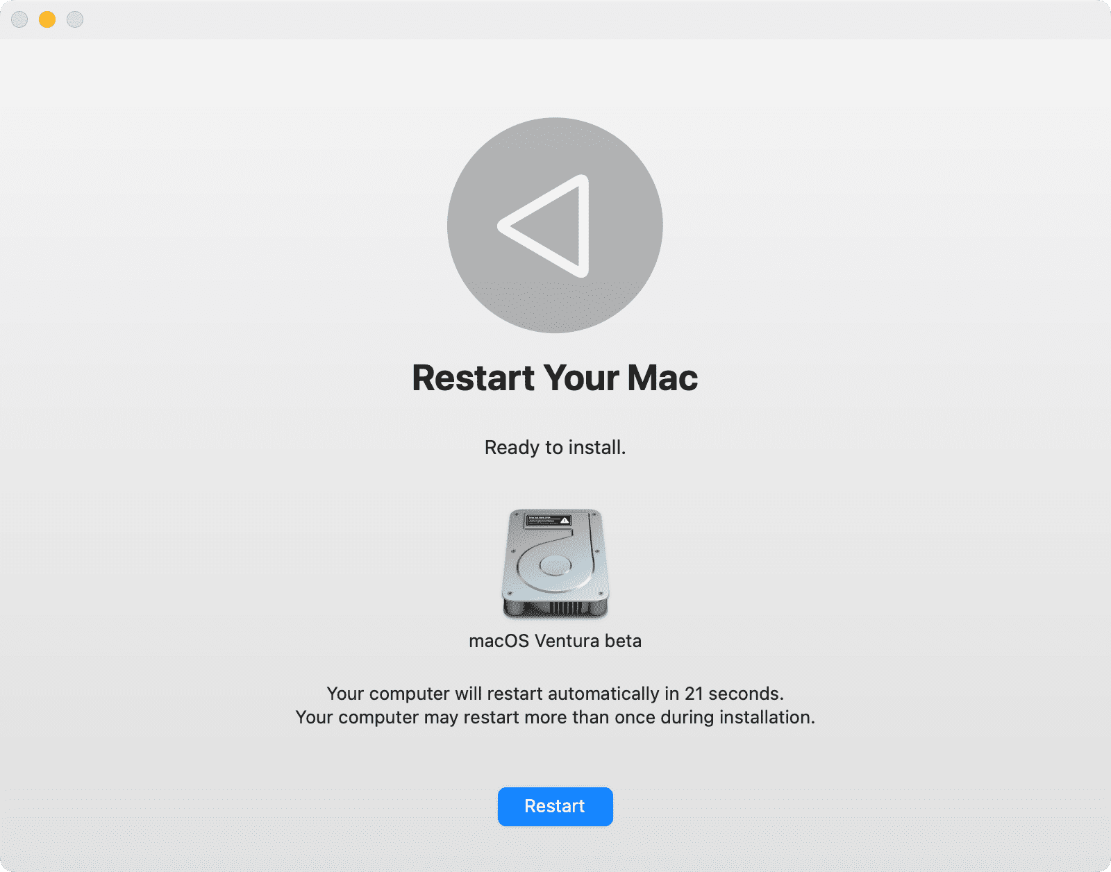 Restart your Mac to complete macOS 13 installation