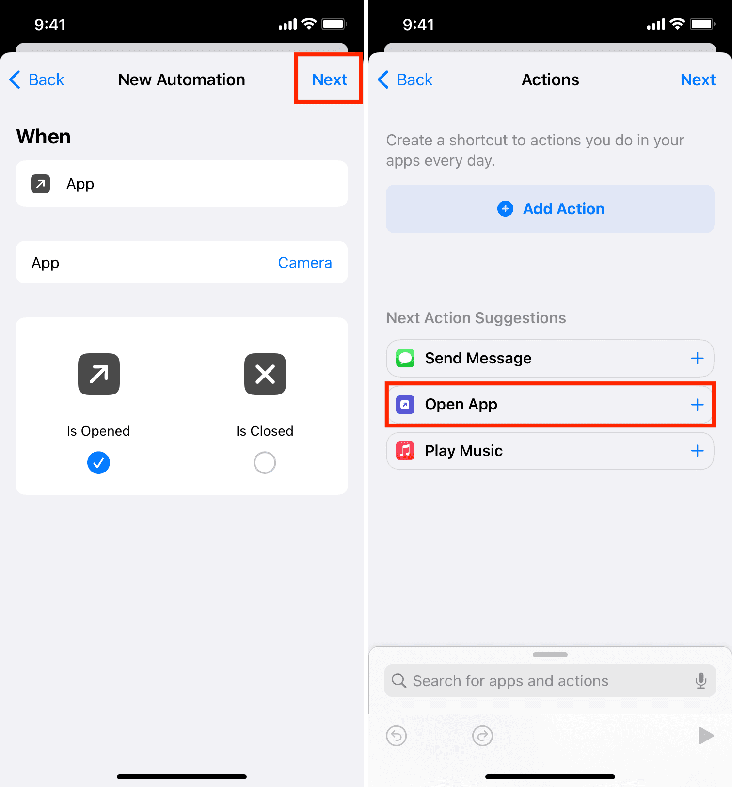 Select Open App action in iPhone Shortcuts app