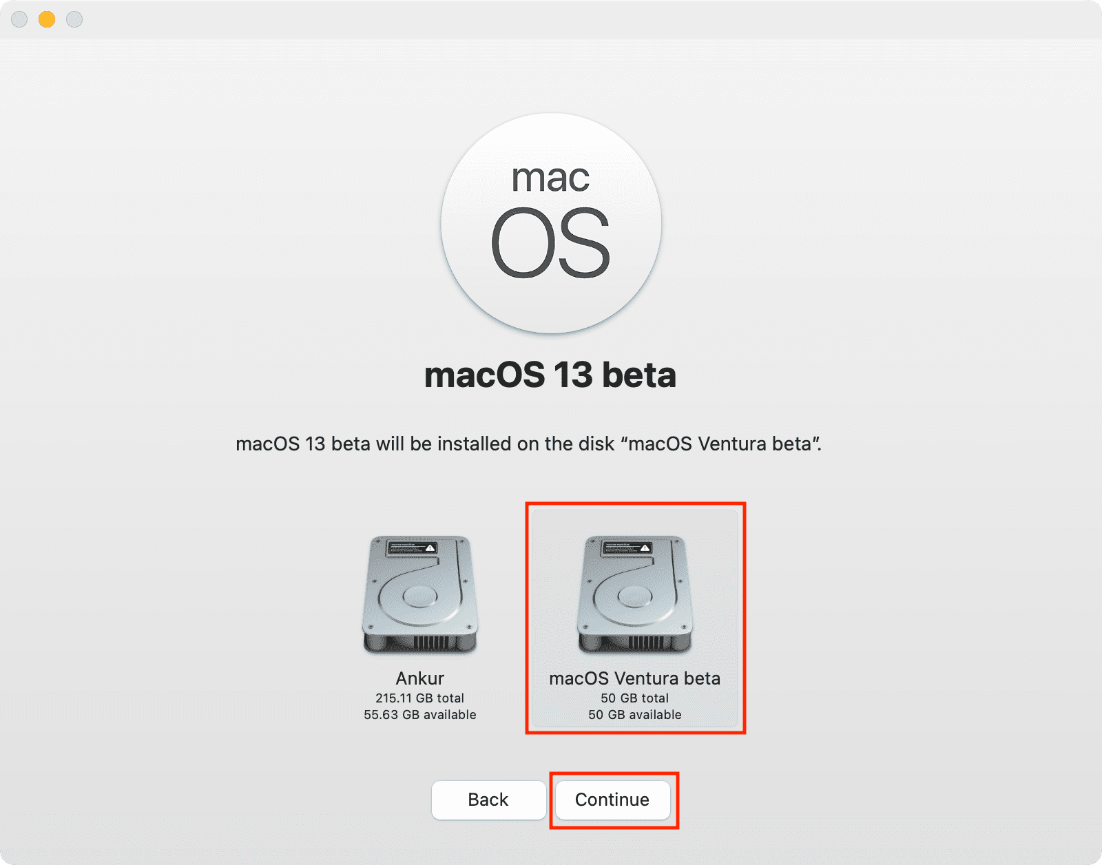 Select second volume to install macOS 13