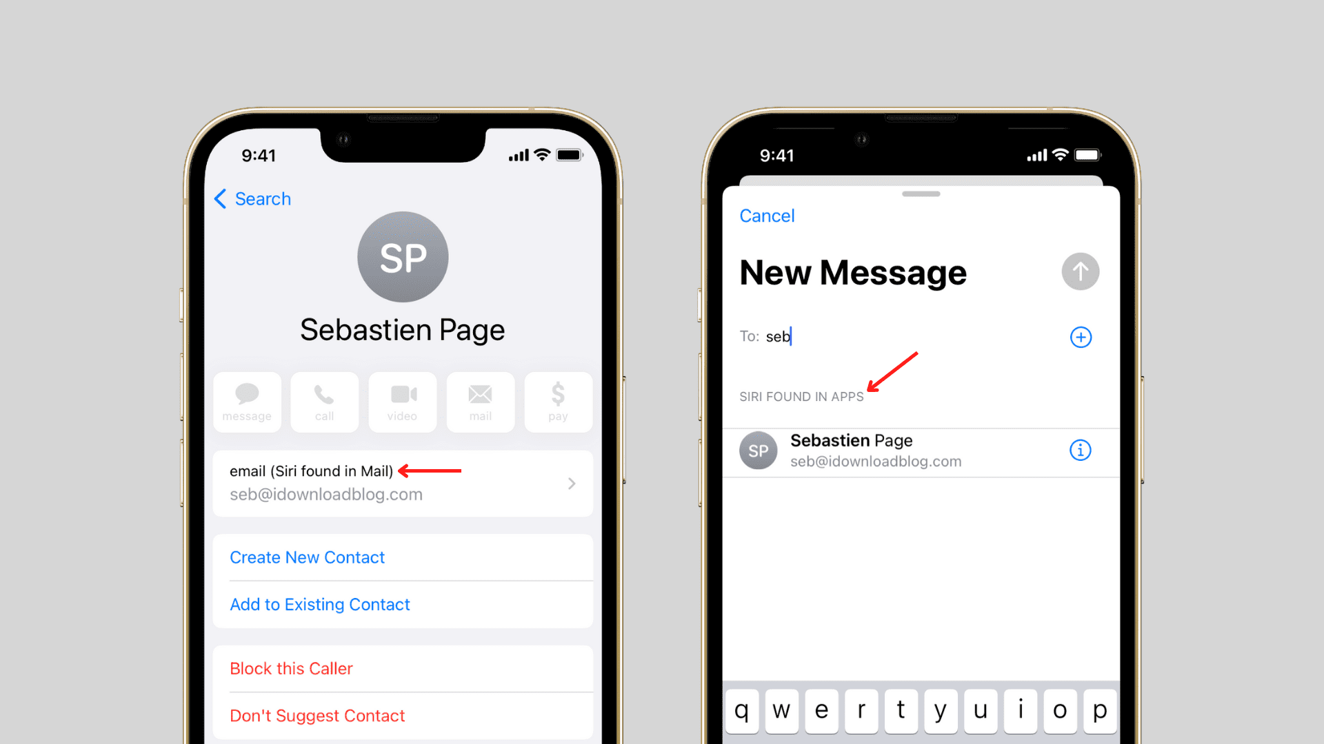 Two iPhone screenshots showing Siri contact suggestions in the Contacts app and the Apple Mail app