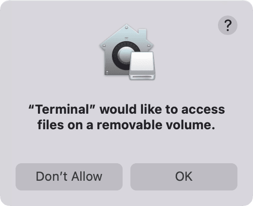 Terminal would like to access files on a removable volume popup