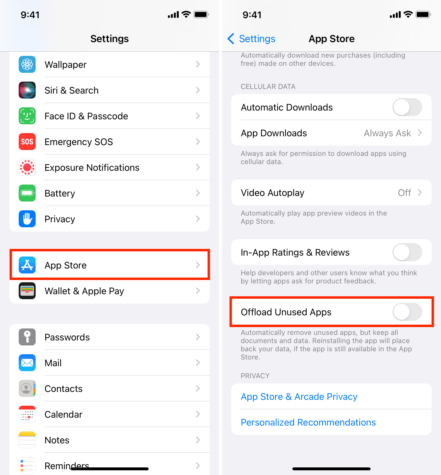 Turn off Offload Unused Apps on iPhone