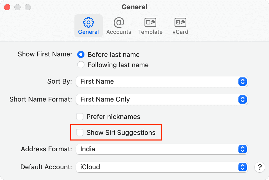Turn off Show Siri Suggestions in contacts on Mac