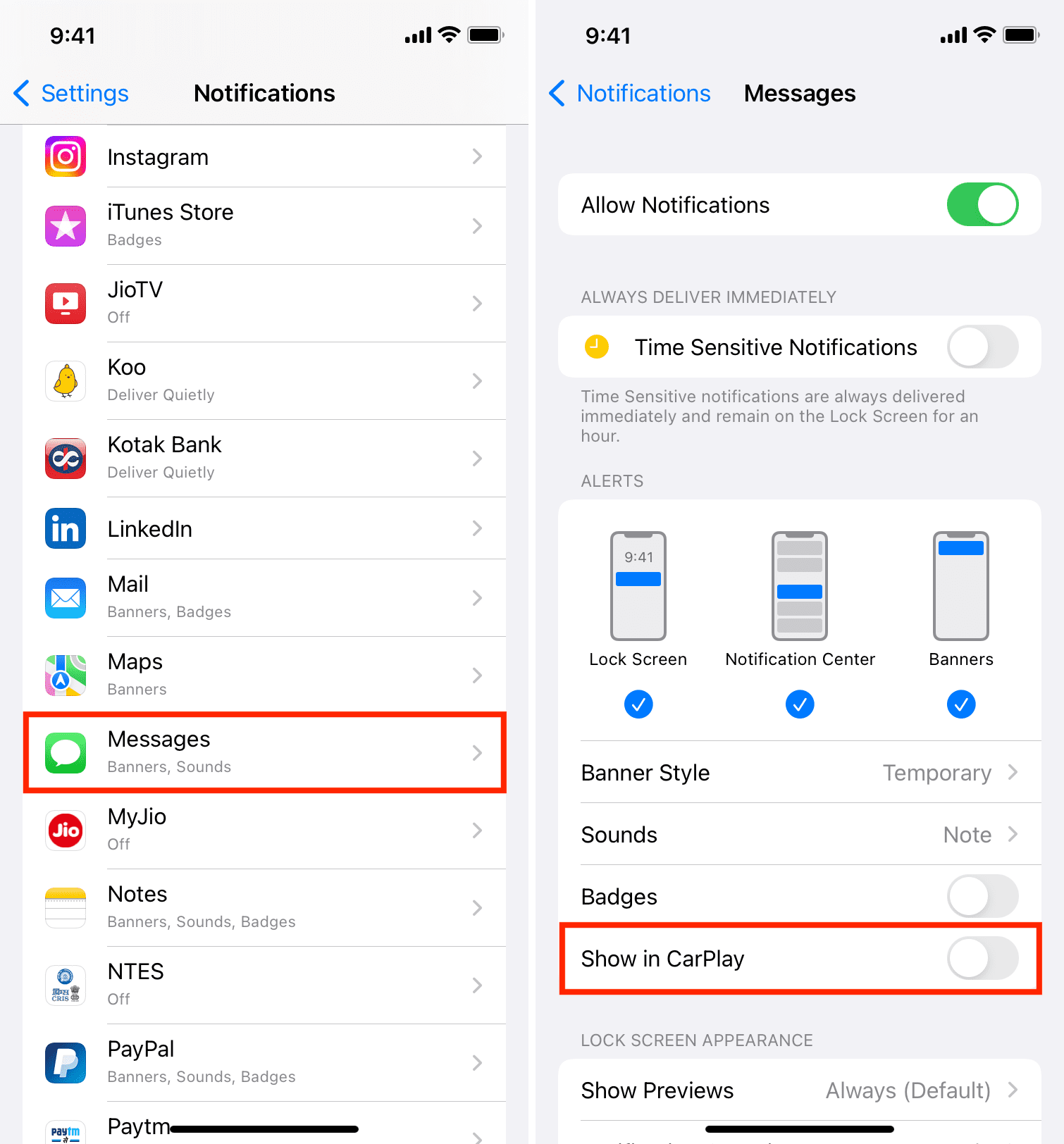Turn off Show in CarPlay for Messages in iPhone notification settings