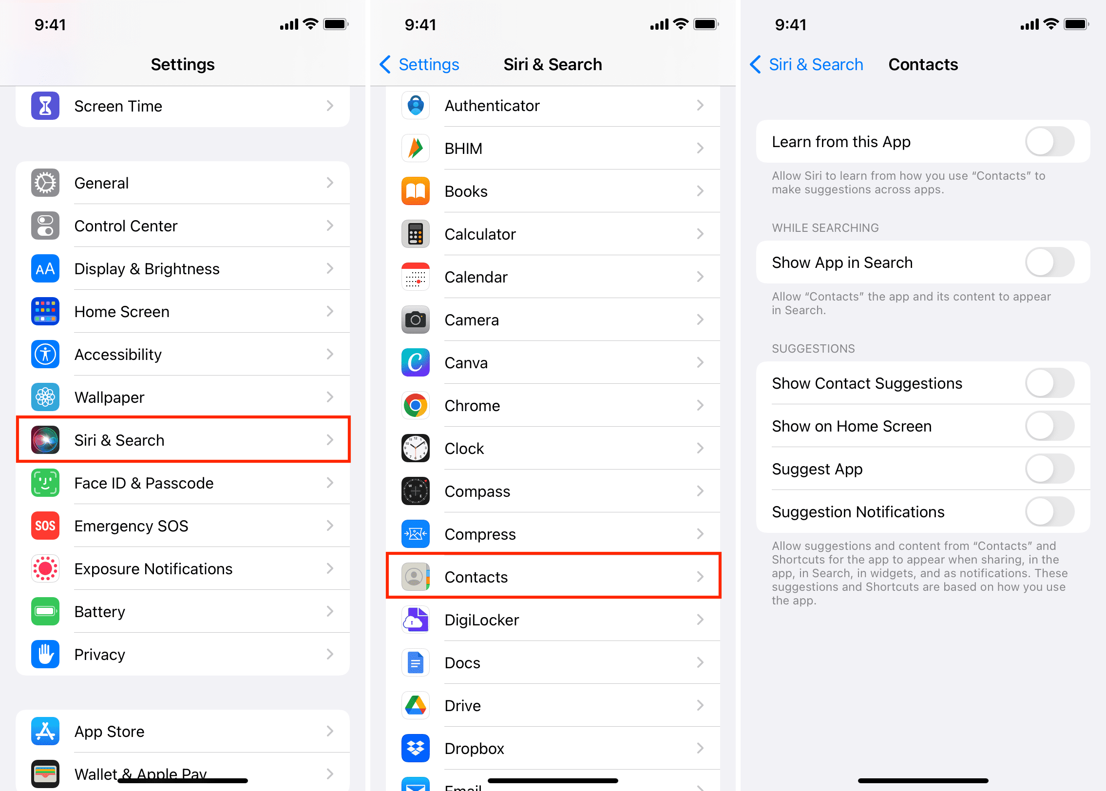 Turn off Siri and Search for iPhone Contacts