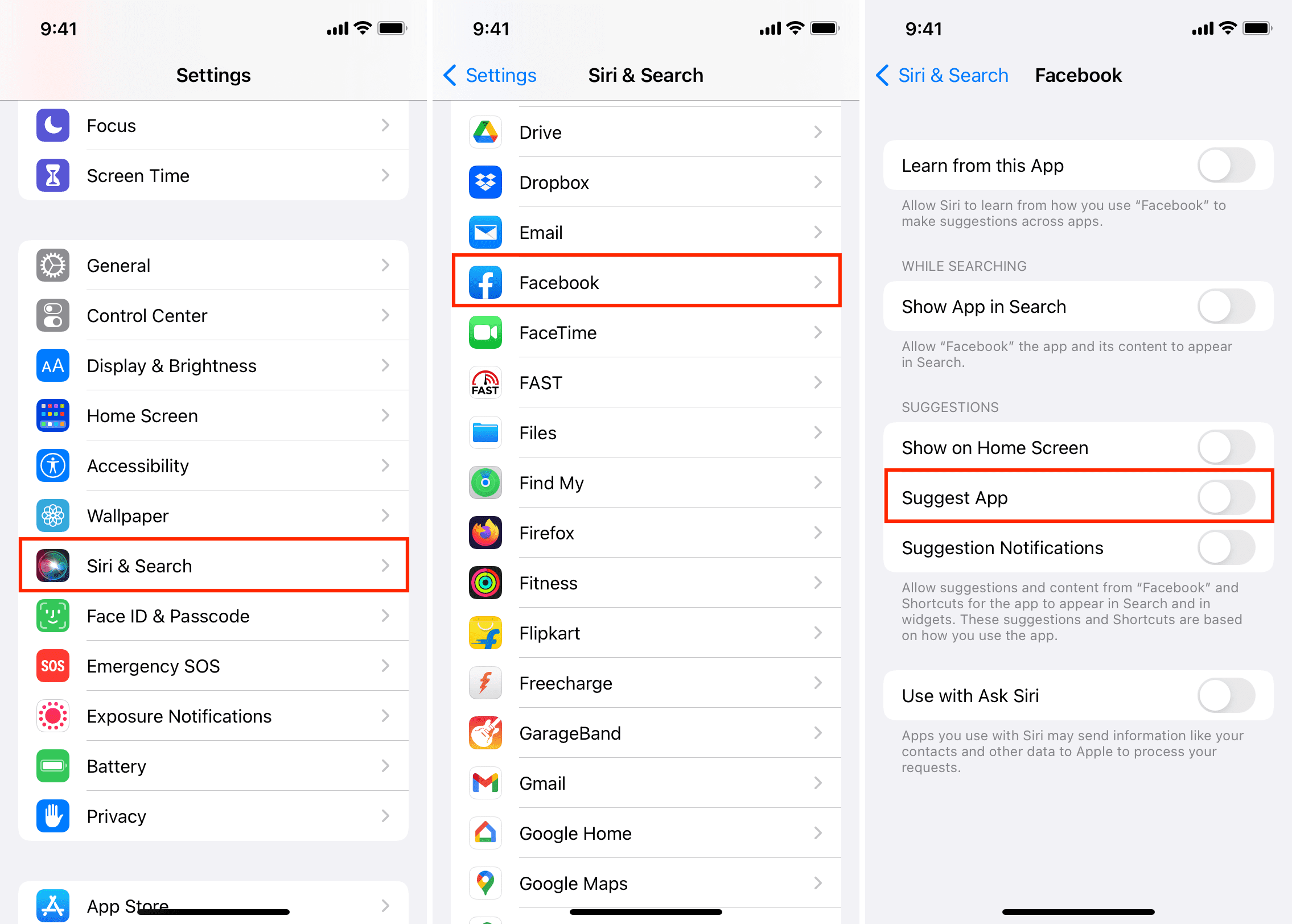 Turn off Suggest App in Siri settings on iPhone