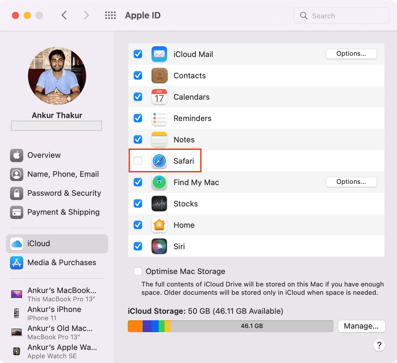 Turn off iCloud for Safari on Mac