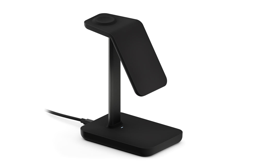 A black version of Twelve South's 3-in-1 wireless charging stand with a power cable plugged into its USB-C port on the back