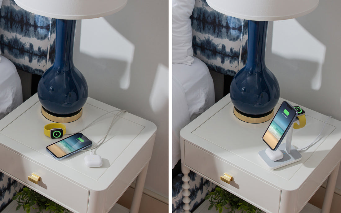 A before vs. after comparison of wired vs. multi-device wireless charging with Twelve South's HiRise 3 stand. The left image depicts a chaotic, cluttered setup with an iPhone, AirPods and Apple Watch all resting on a nightstand, with each device connected via the wire to its own power source. The right image shows a minimalist nightstand with all three devices being charged simultaneously on the Twelve South accessory.