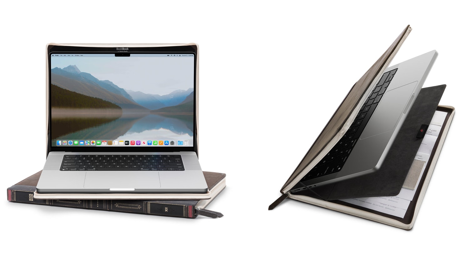 Two product shots showcasing the Twelve South BookBook leather cases for the M1 MacBook Pro. One image shows a closed case with Apple's notebook atop it, with the other depicting a half-closed case with the computer inside and some papers in the document compartment.