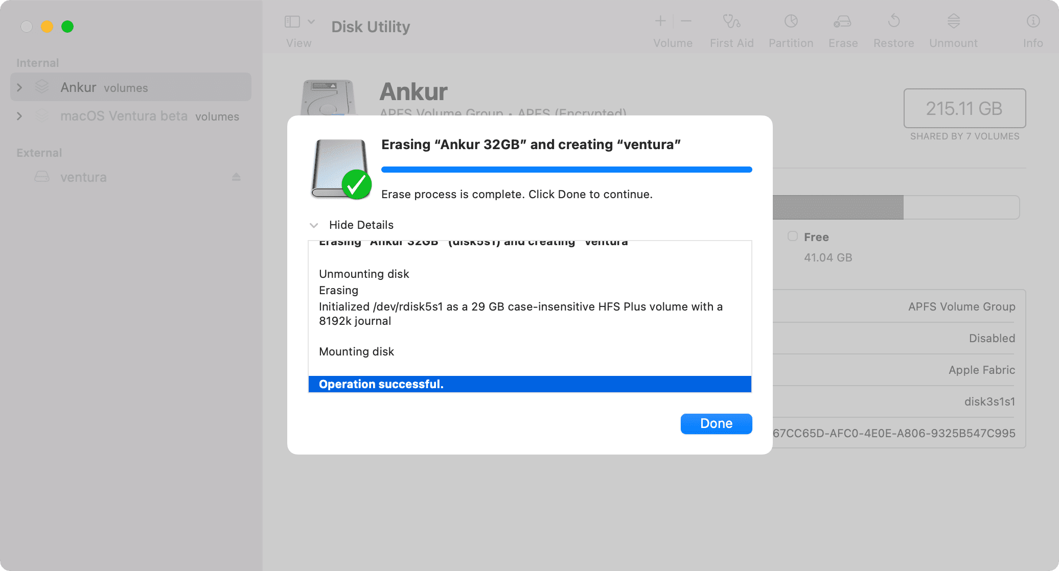 USB pen drive successfully formatted to become macOS bootable installer