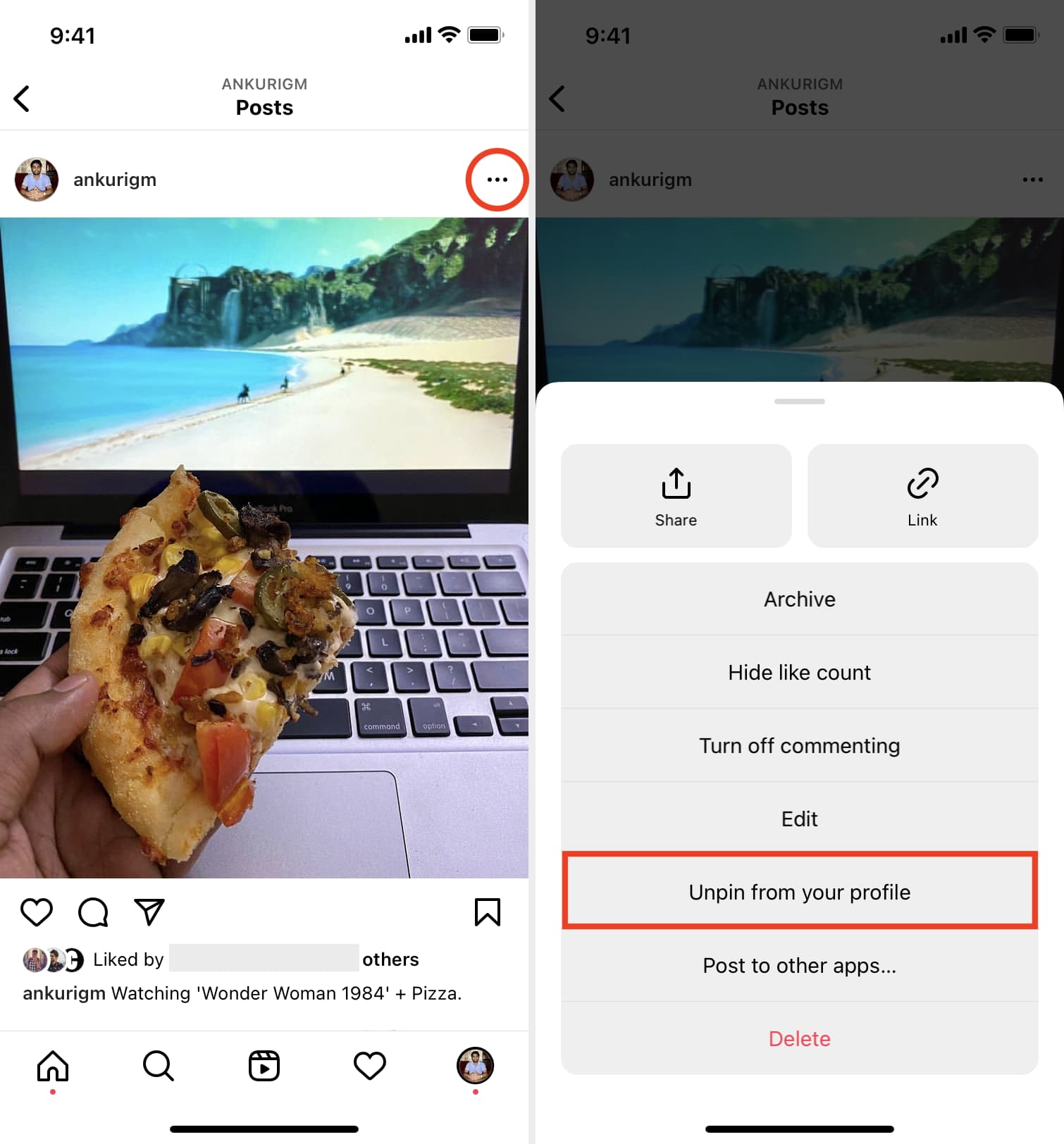 Unpin from your profile in Instagram