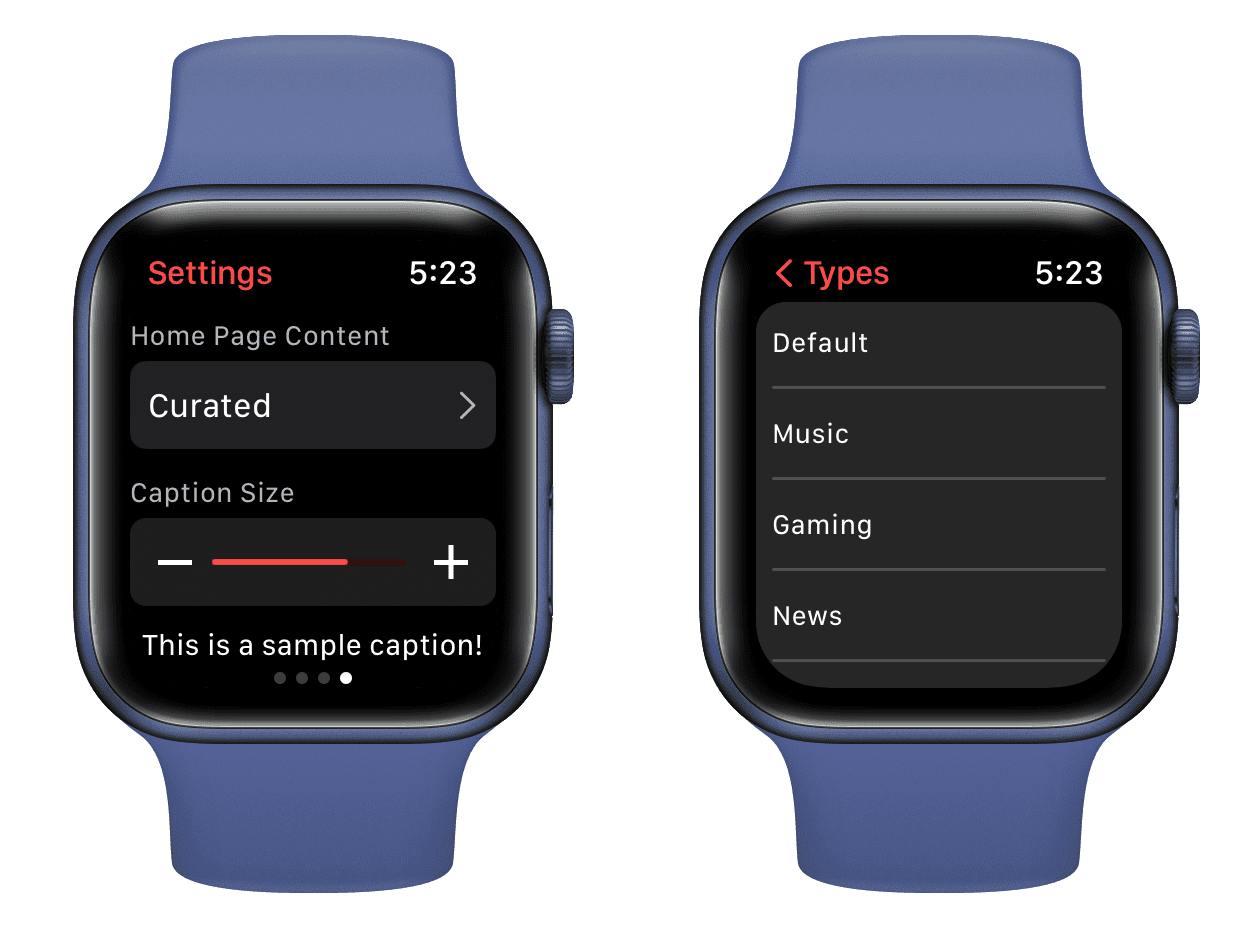 WatchTube settings on Apple Watch