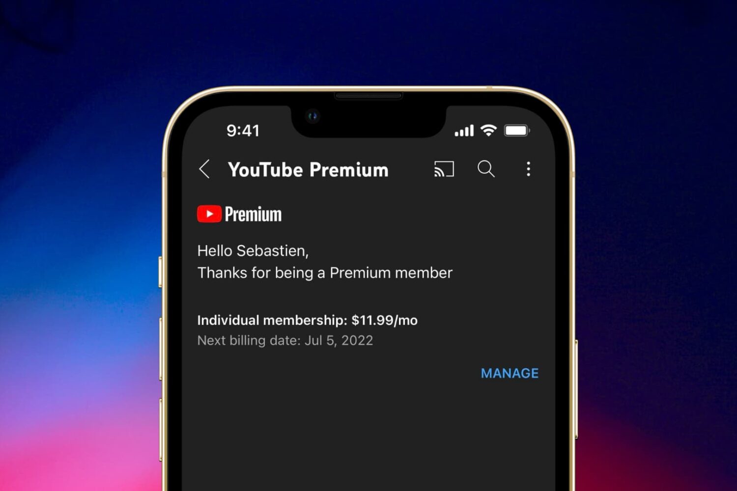 An iPhone showing the manage screen for YouTube Premium membership