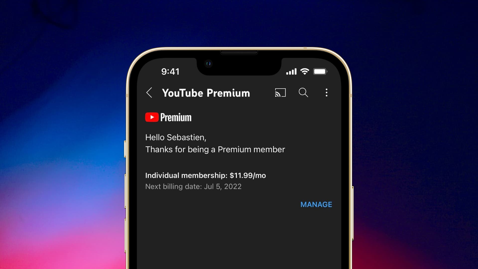 An iPhone showing the manage screen for YouTube Premium membership