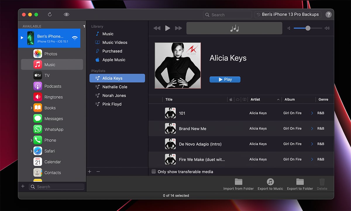 iMazing, DigiDNA's iPhone device management software, is shown playing a song from a connected iPhone via its internal music player