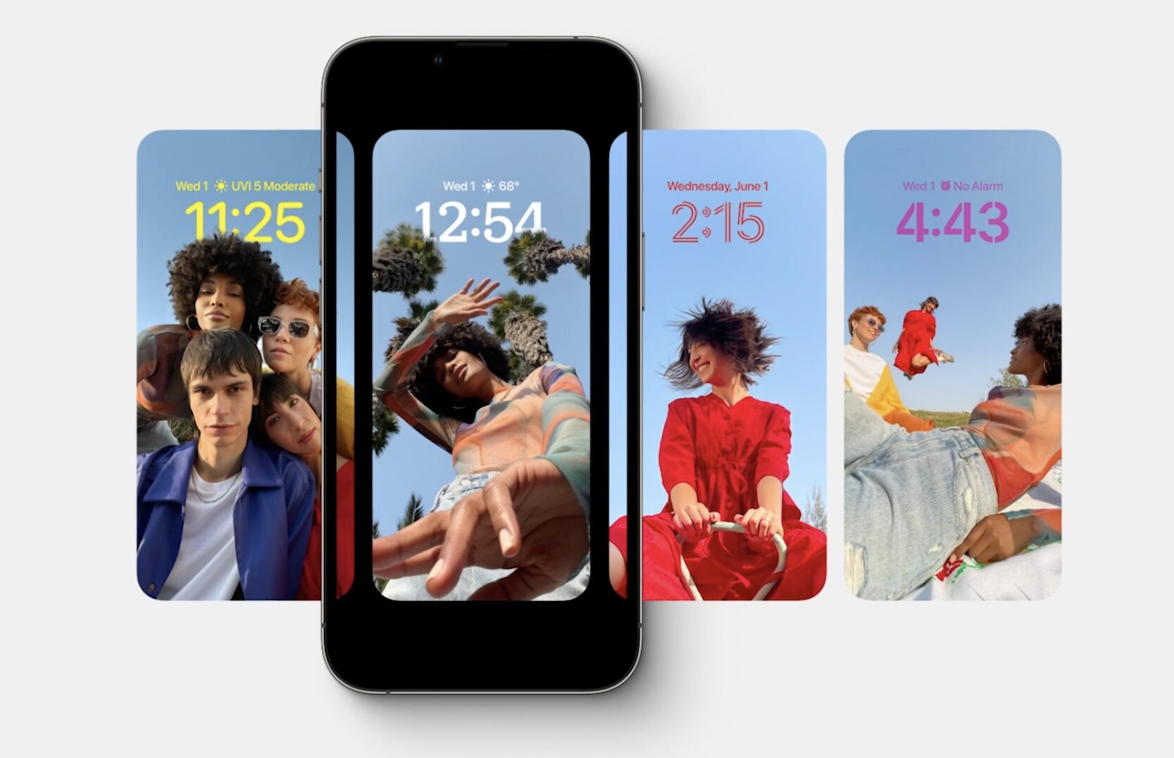 Apple's marketing image showcasing the new Lock Screen Builder feature in iOS 16 on iPhone