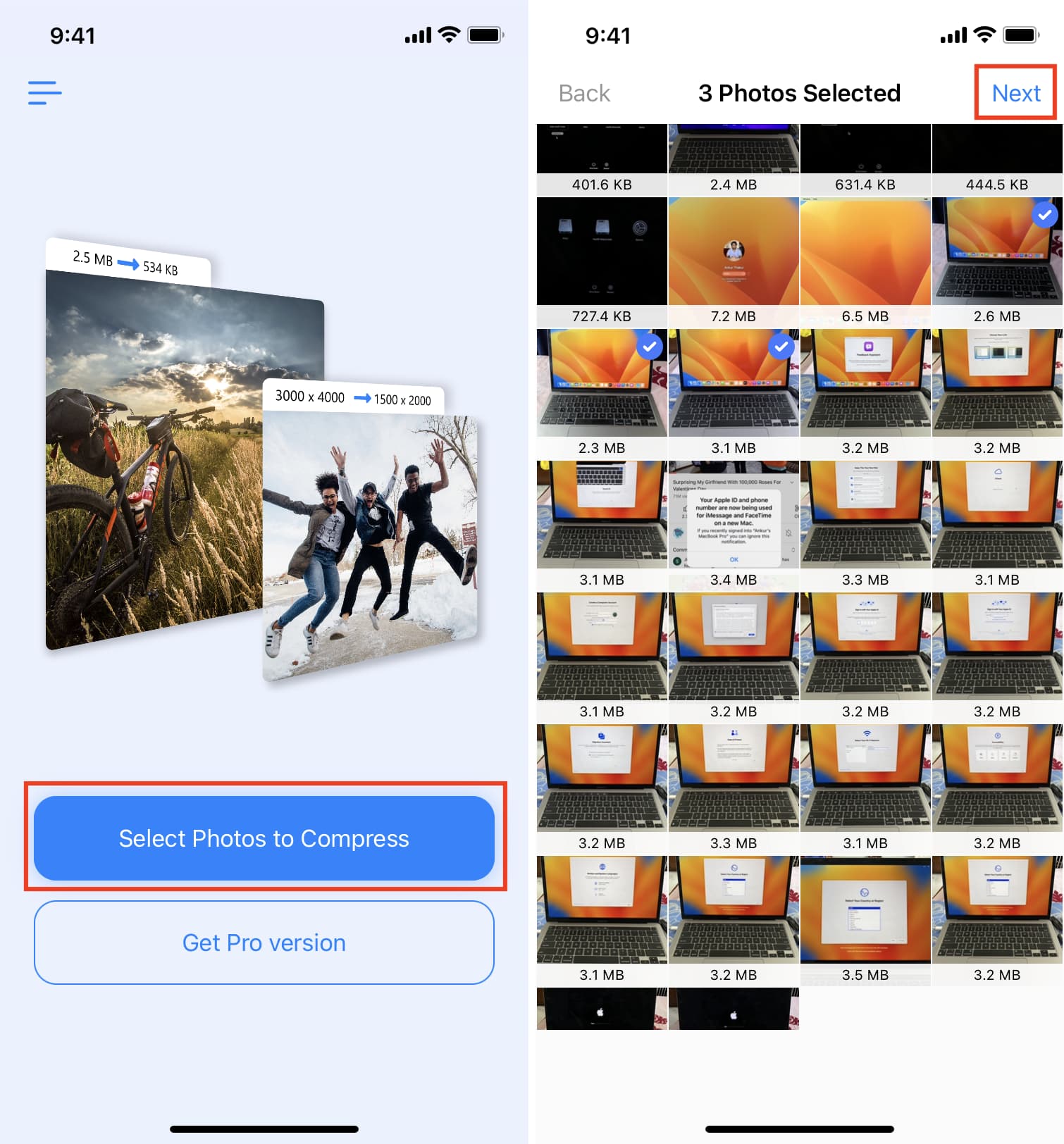 Select photos to reduce file size