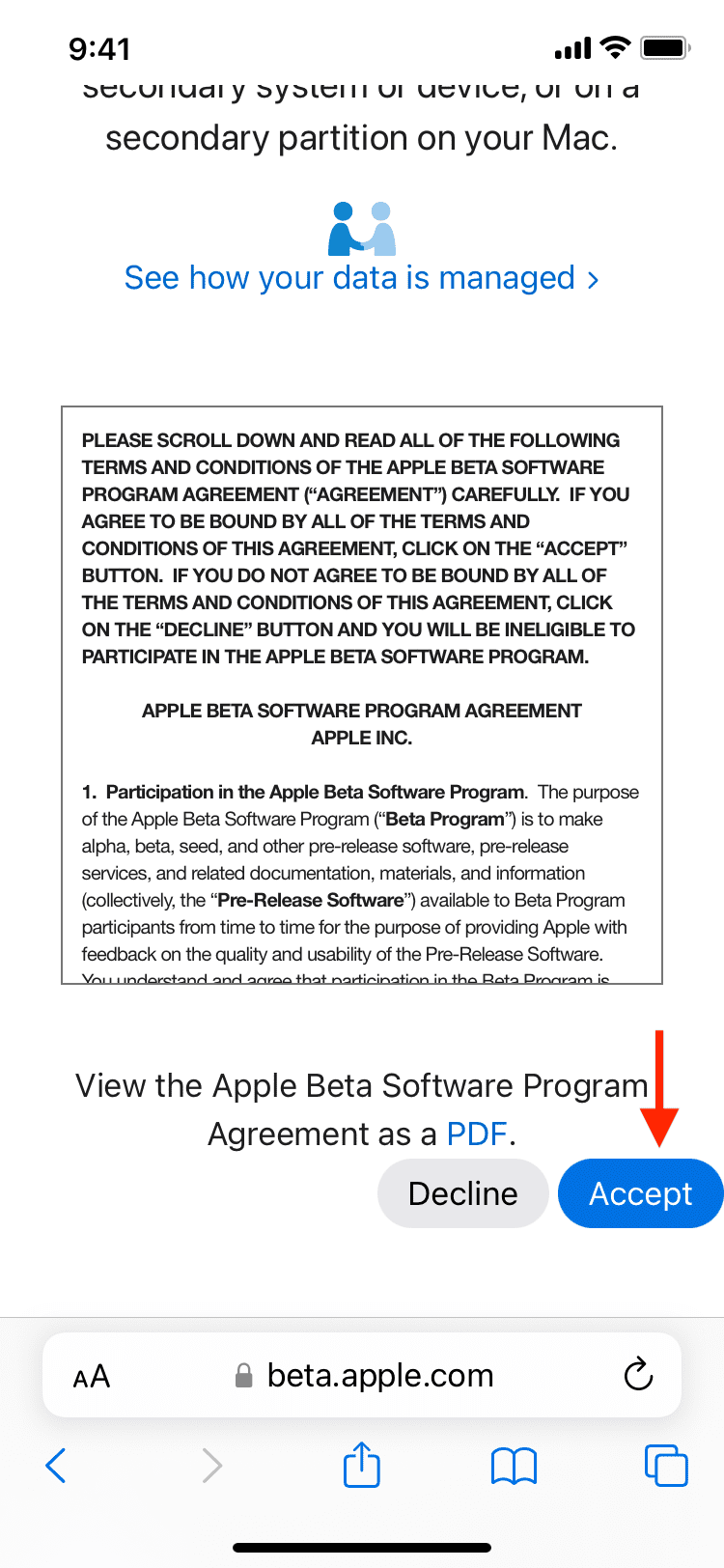 Accept Apple Beta Software Program Agreement on iPhone