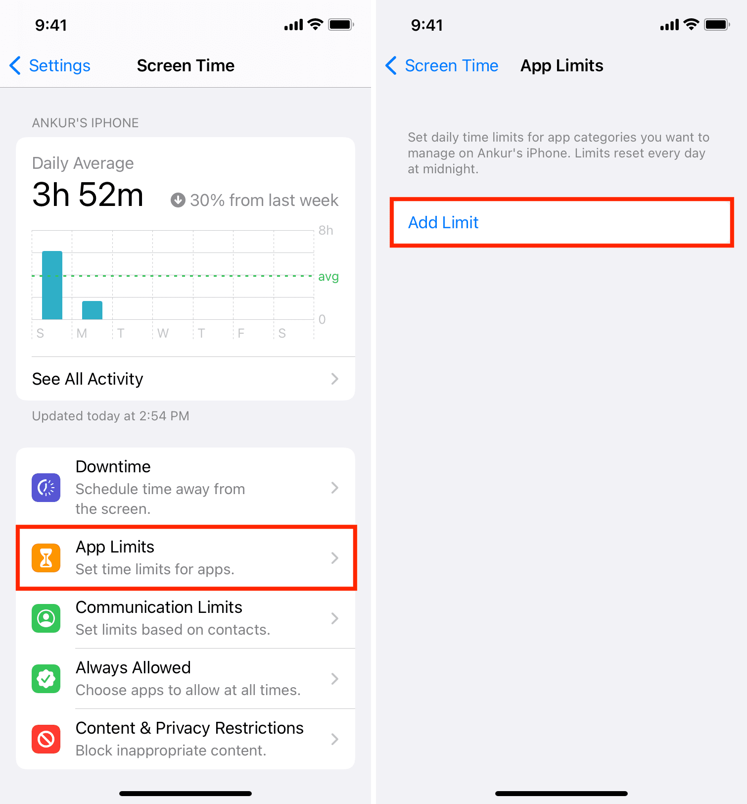 Add Limit inside iPhone Screen Time settings
