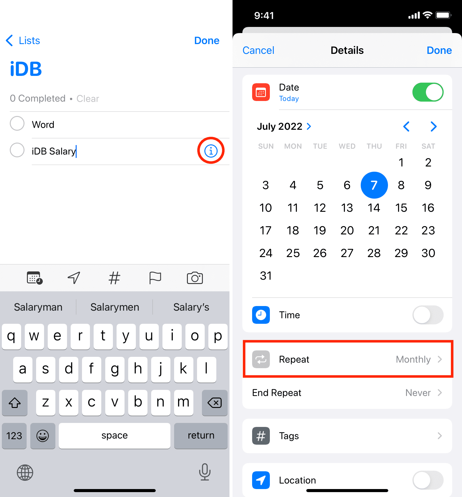 Add repeating reminder on iPhone