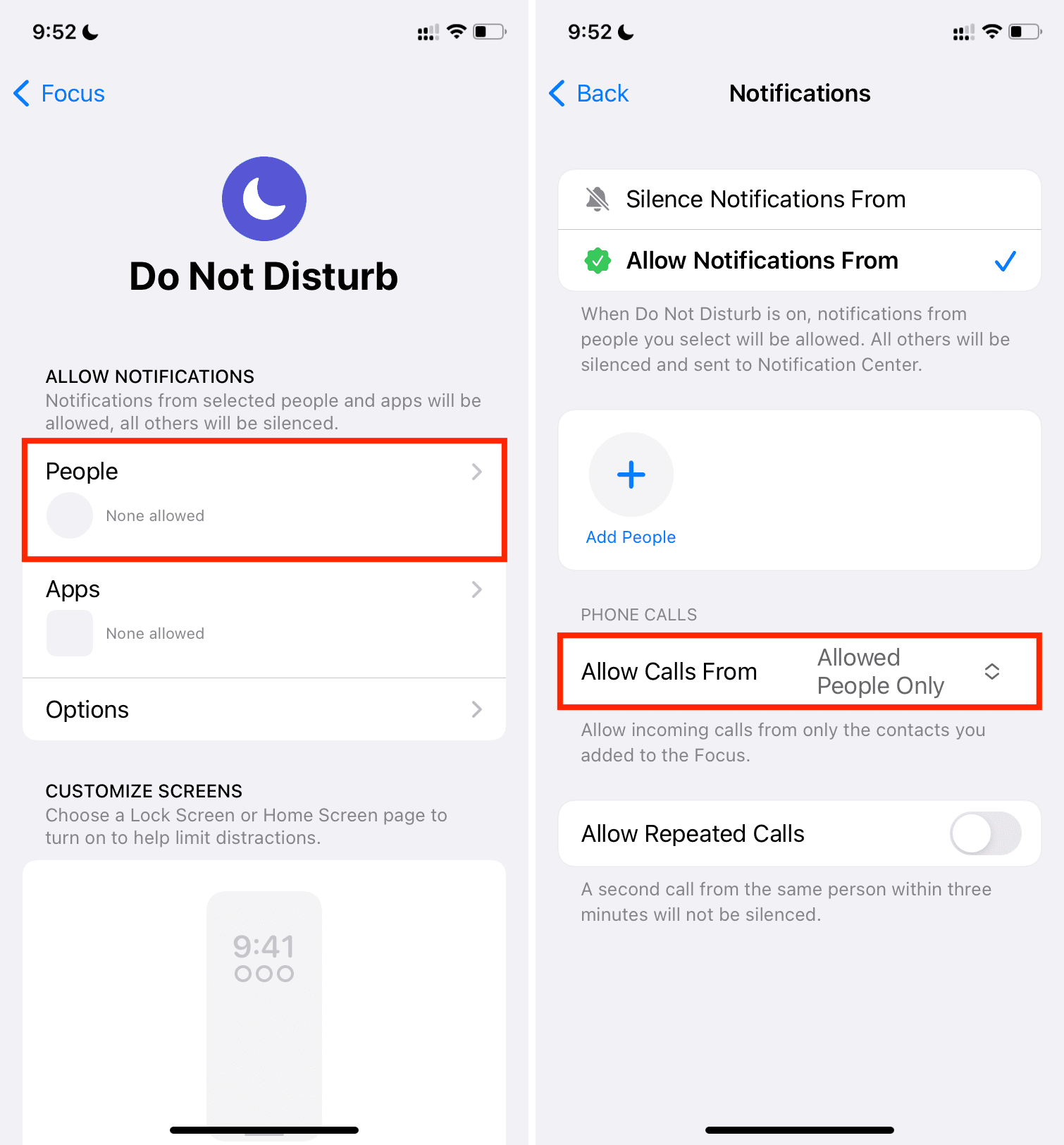 Allow Calls From Allowed People Only on iPhone during Do Not Disturb