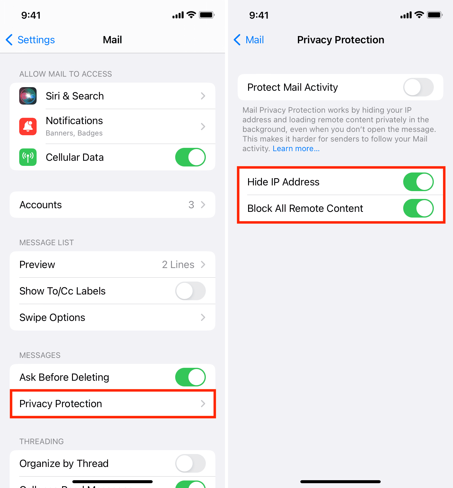 Block All Remote Content in Mail settings on iOS to prevent email tracking