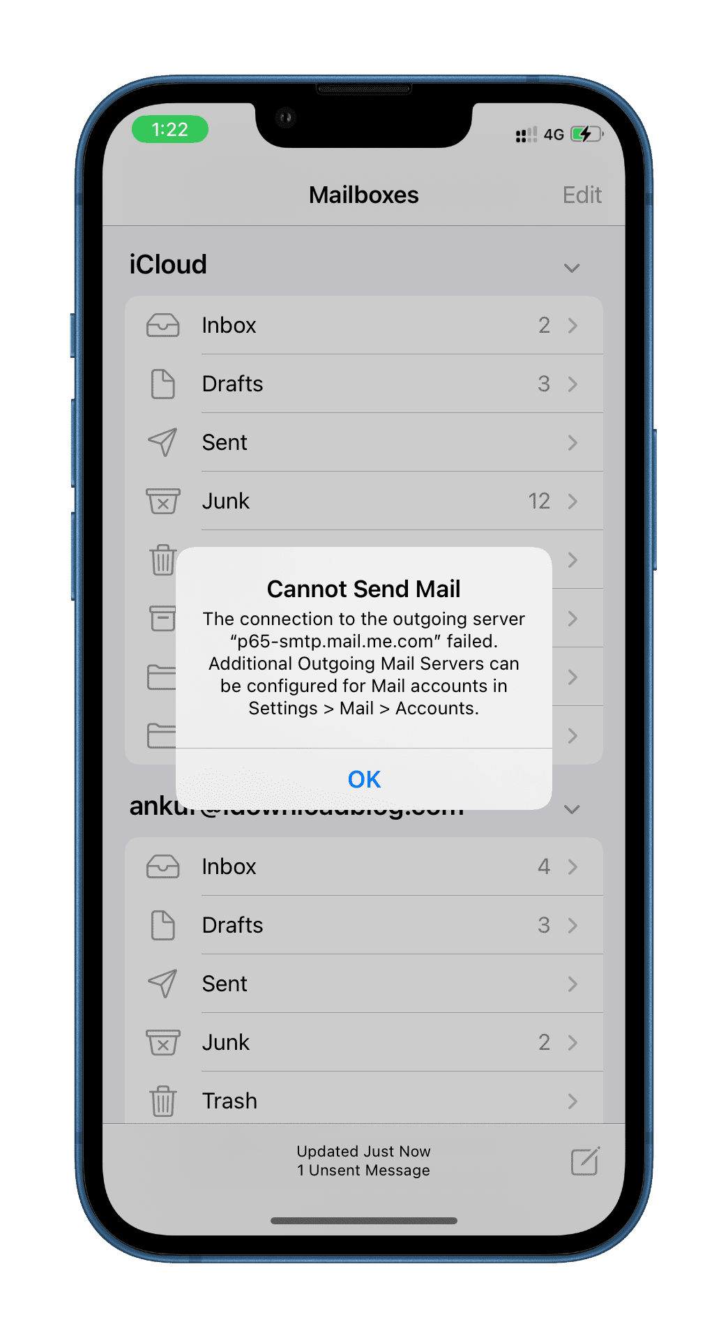 Cannot Send Mail error on iPhone
