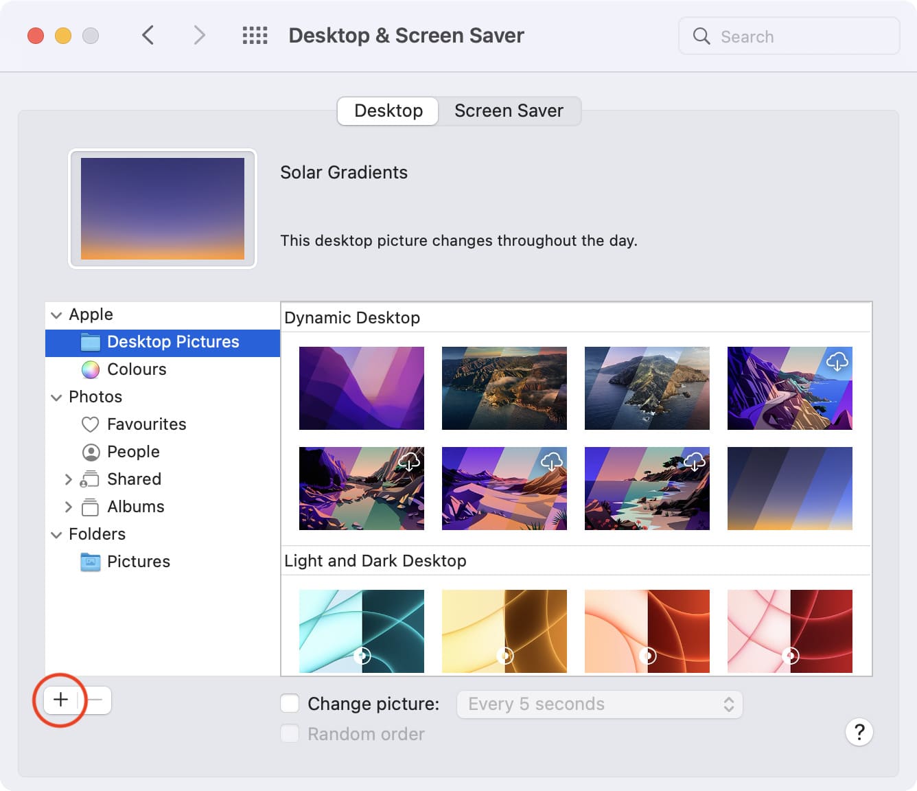 Fai clic sul pulsante più nelle Preferenze di Sistema del Mac per aggiungere la cartella dello sfondo