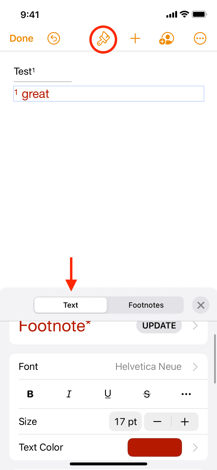 Customize footnotes and endnotes in Pages iOS