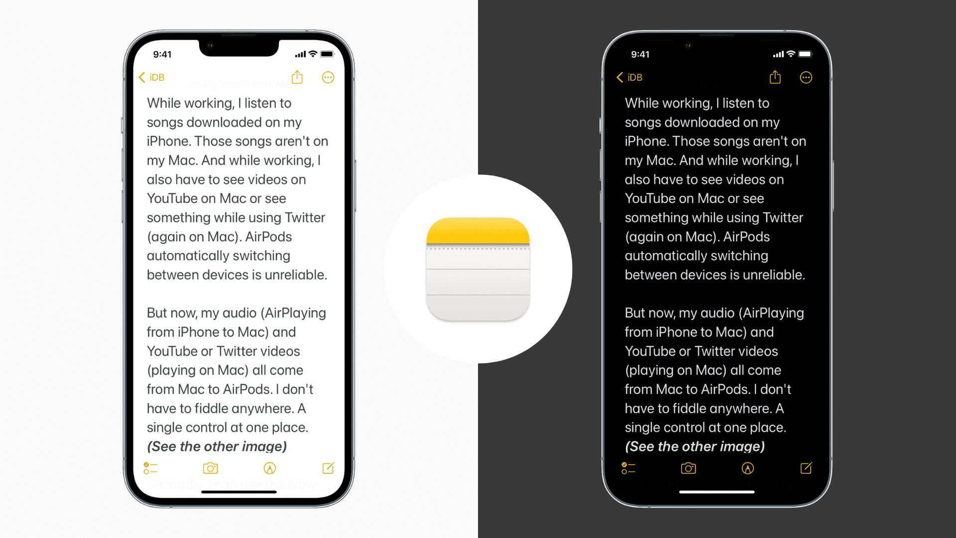 Dark and light backgrounds in the iPhone Notes app