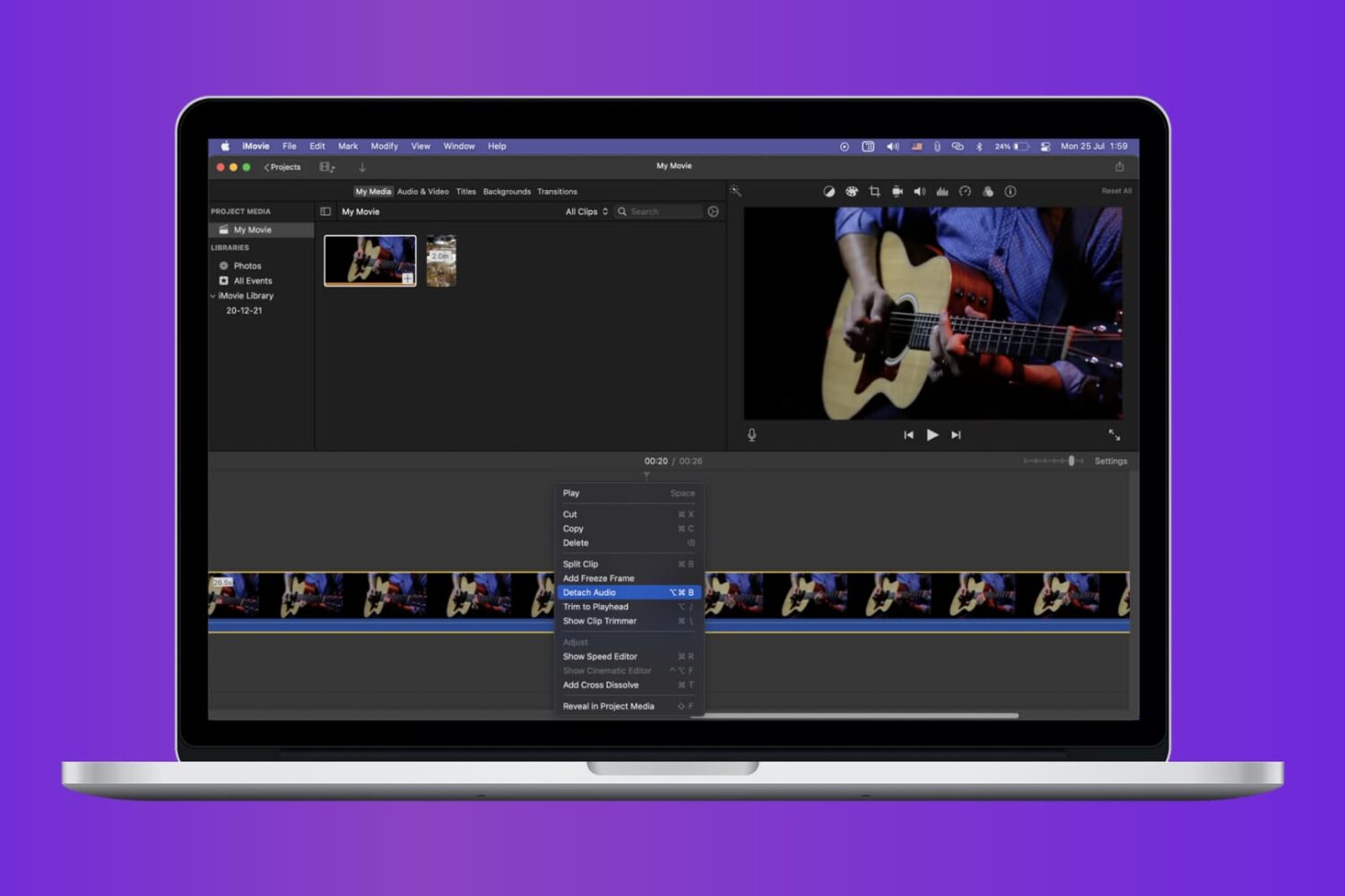 Detach audio from video clip in iMovie on Mac