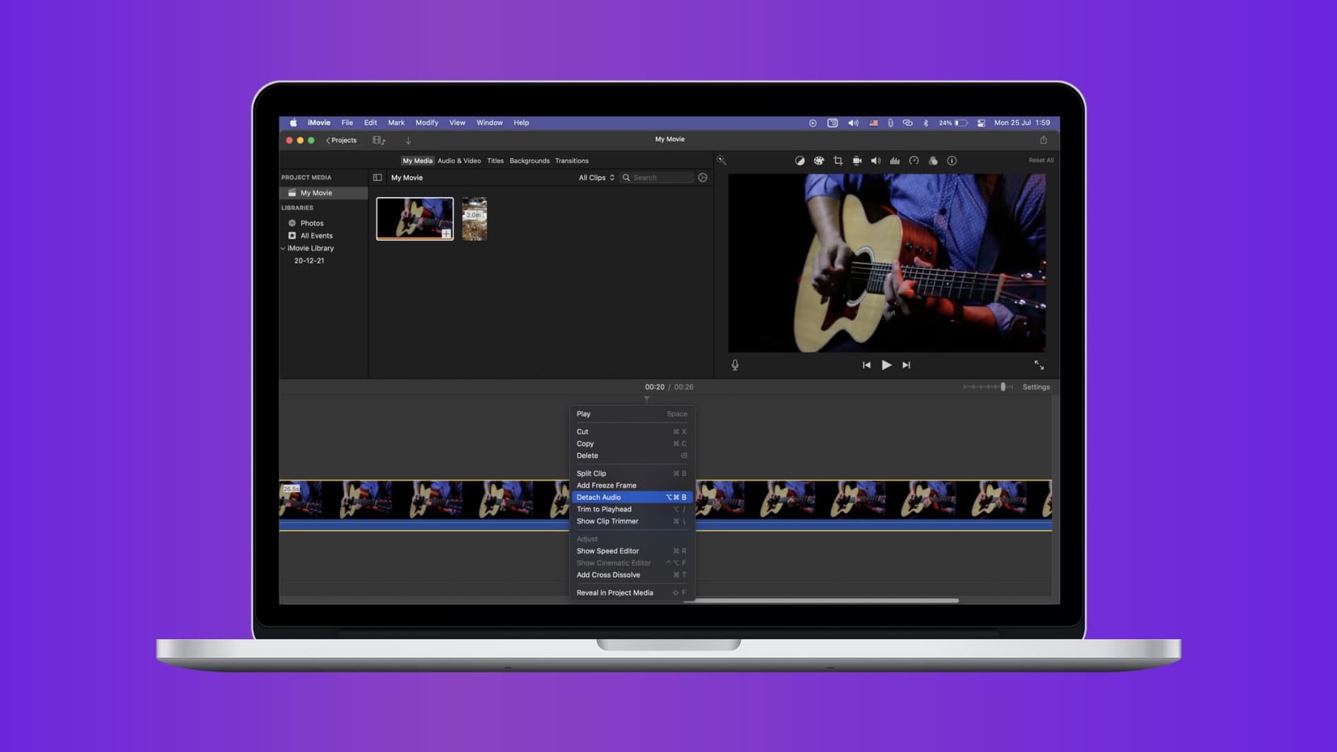 Detach audio from video clip in iMovie on Mac