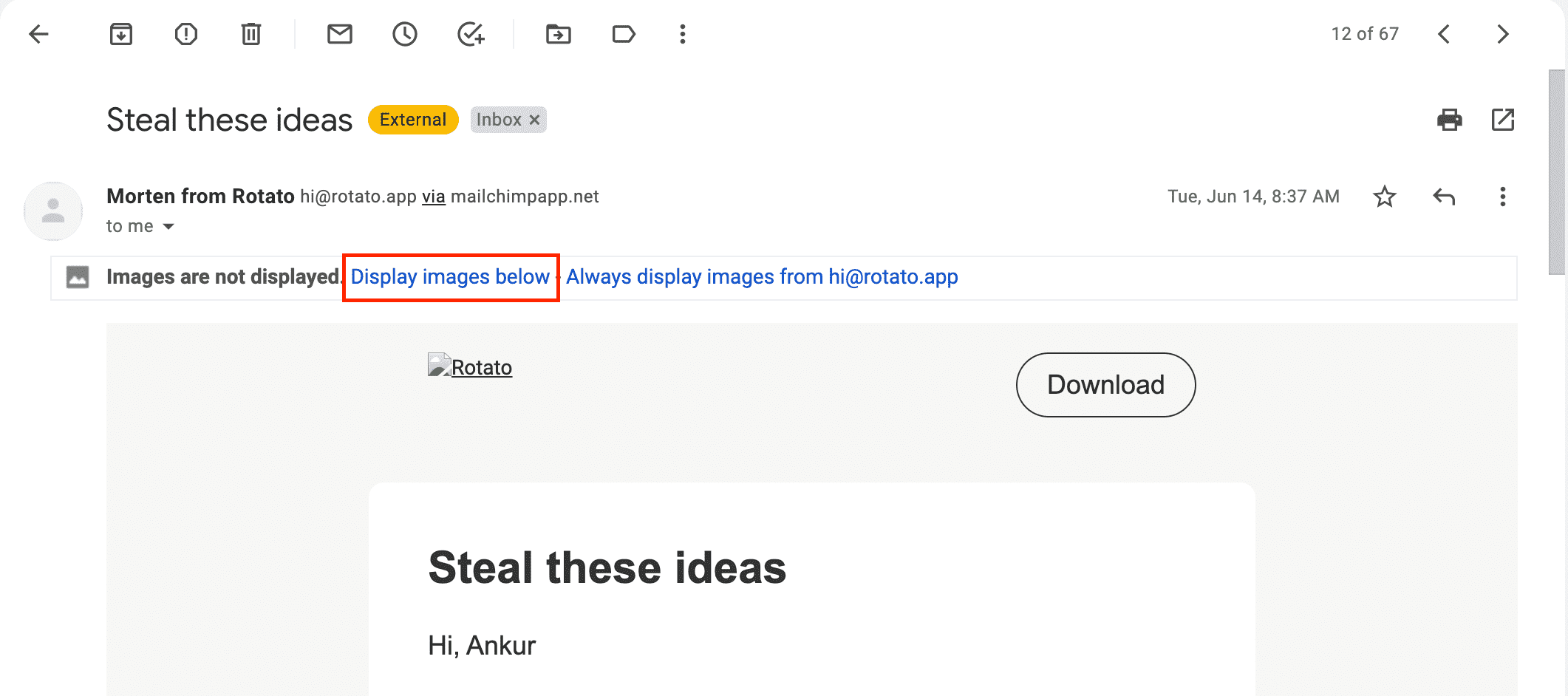Display images below in Gmail on web