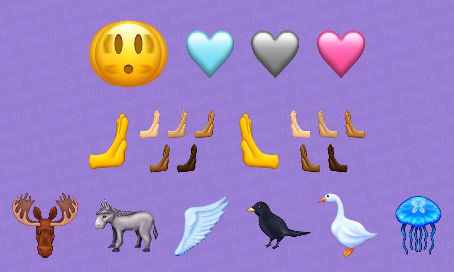 Images of several new emoticons being consider for Emoji 15, including a shaking face, pushing hands, a pink heart, a light-blue heart, a grey heart, a donkey, a moose, a black bird and jellyfish