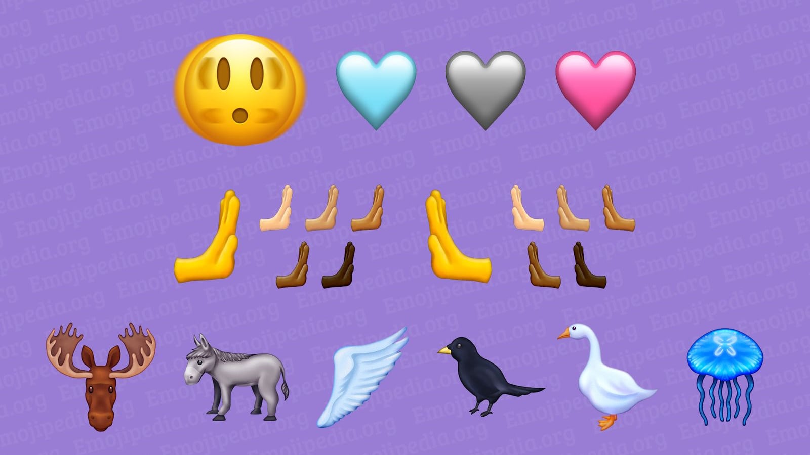 Images of several new emoticons being consider for Emoji 15, including a shaking face, pushing hands, a pink heart, a light-blue heart, a grey heart, a donkey, a moose, a black bird and jellyfish