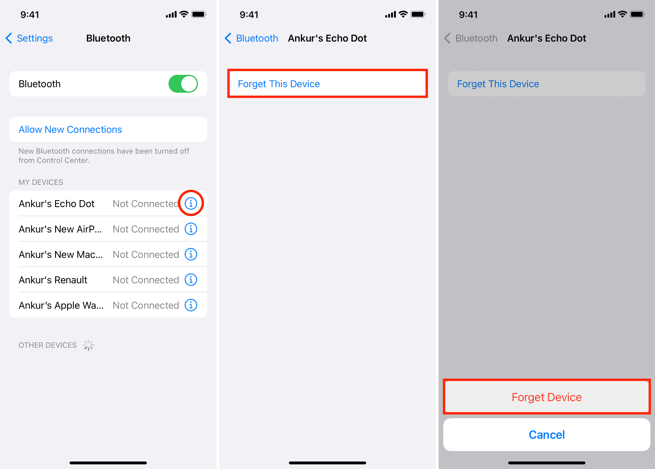 Forget This Device option in iPhone Bluetooth settings