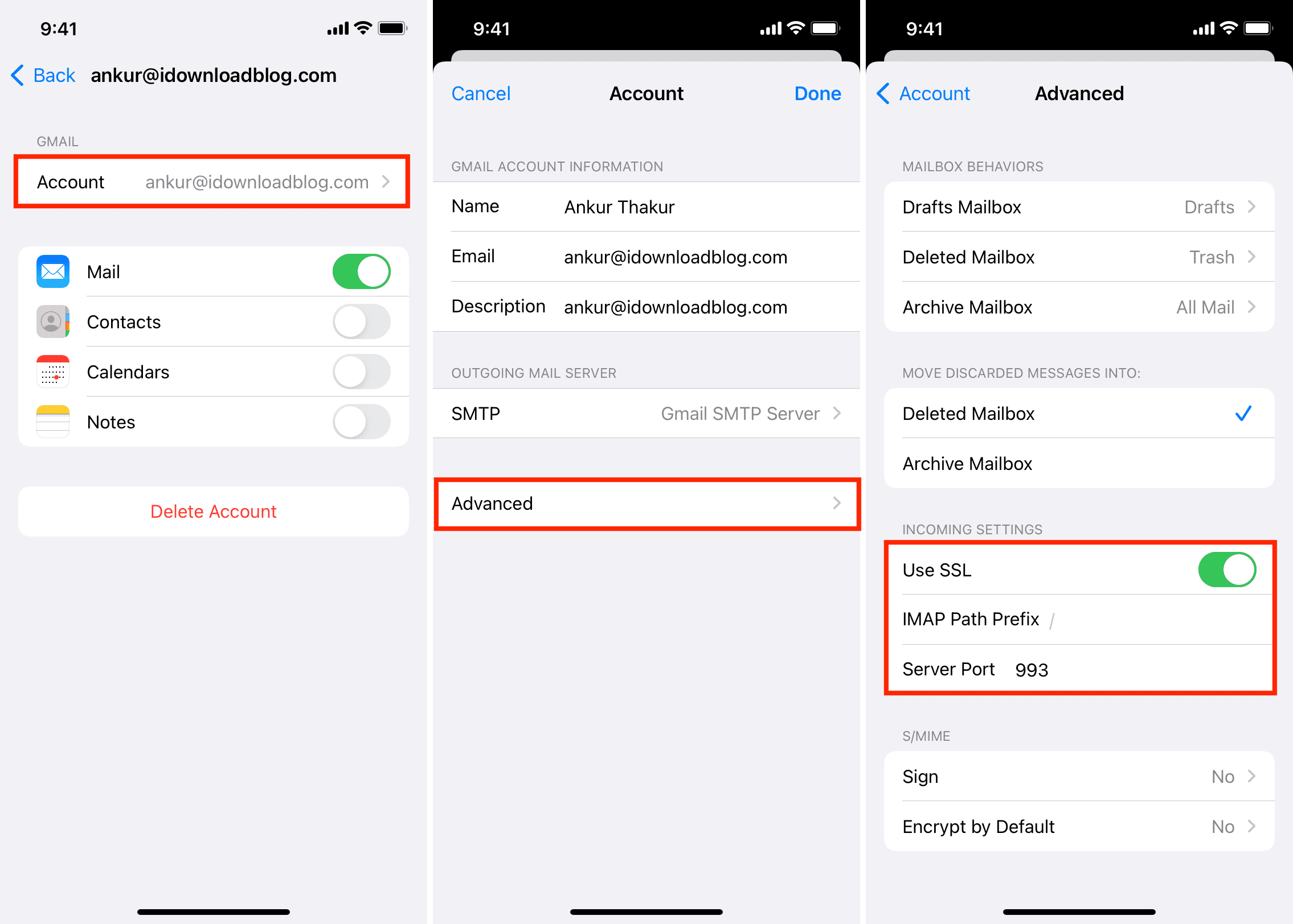 Incoming mail settings on iPhone
