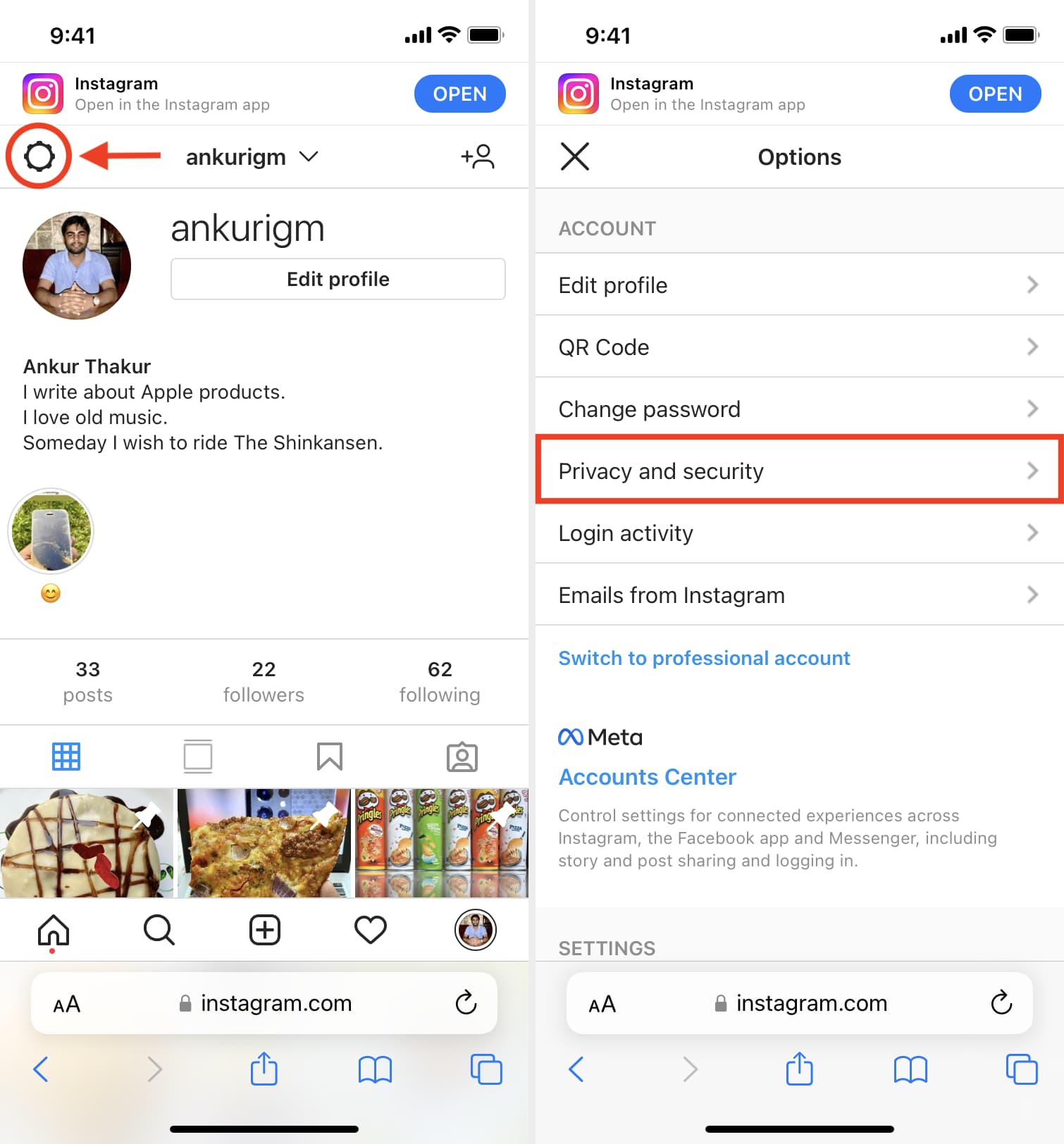 Instagram privacy and security settings