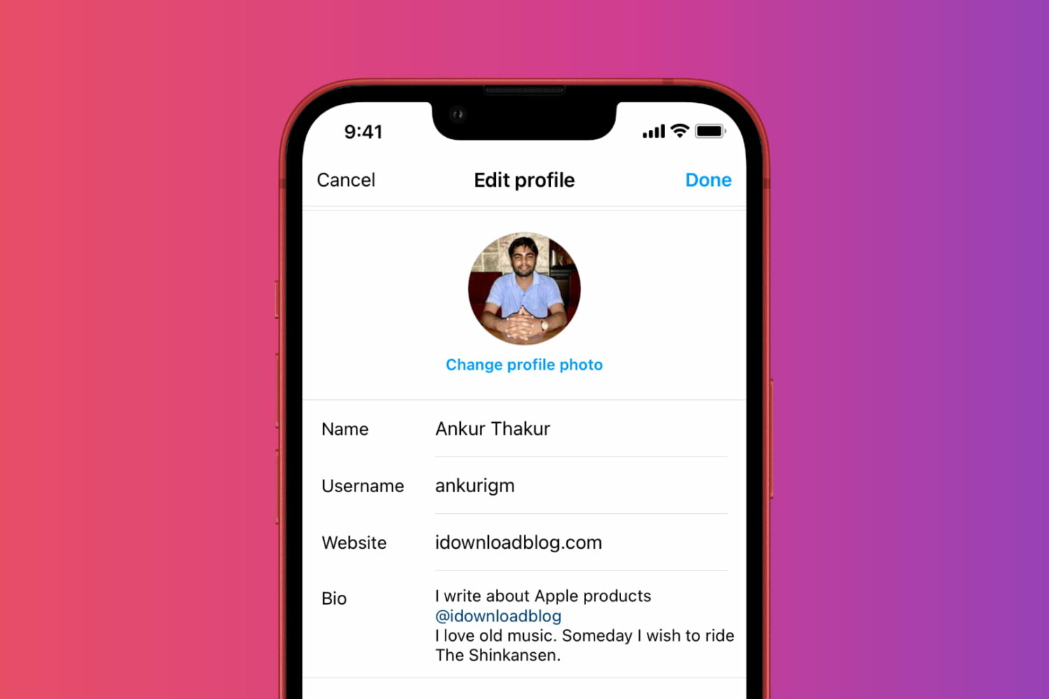 An iPhone screenshot showing Instagram profile bio