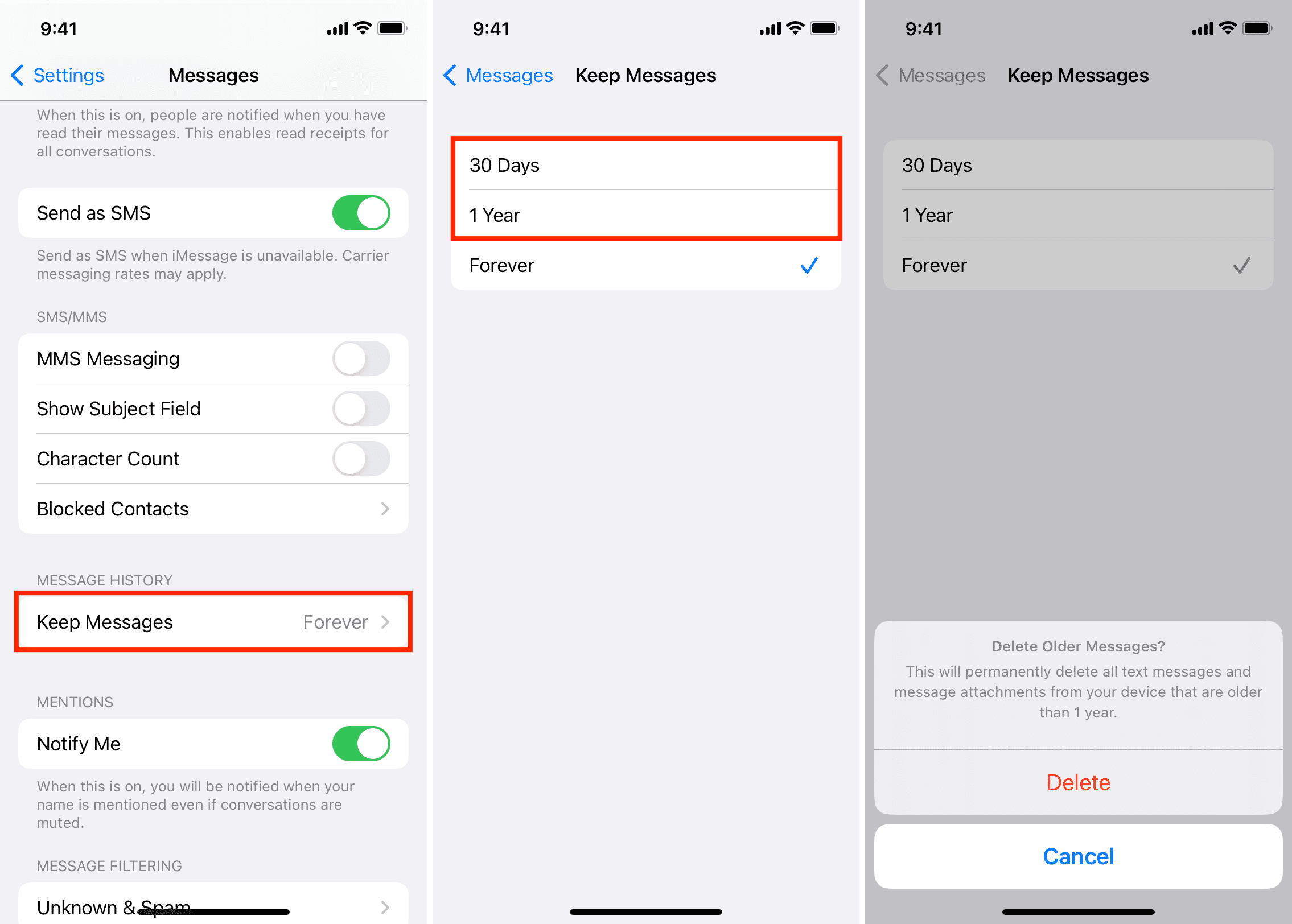Keep Messages for 30 days, 1 year, or forever setting on iPhone