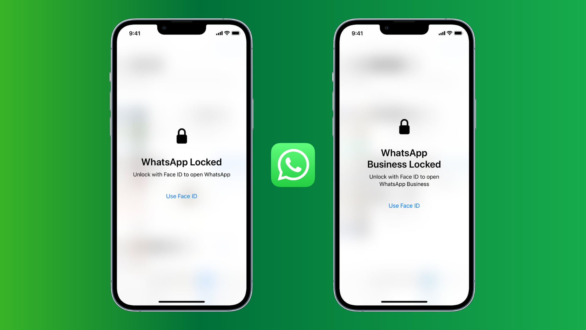 Dos iPhones sobre un fondo verde degradado que muestran WhatsApp bloqueado y WhatsApp Business bloqueado