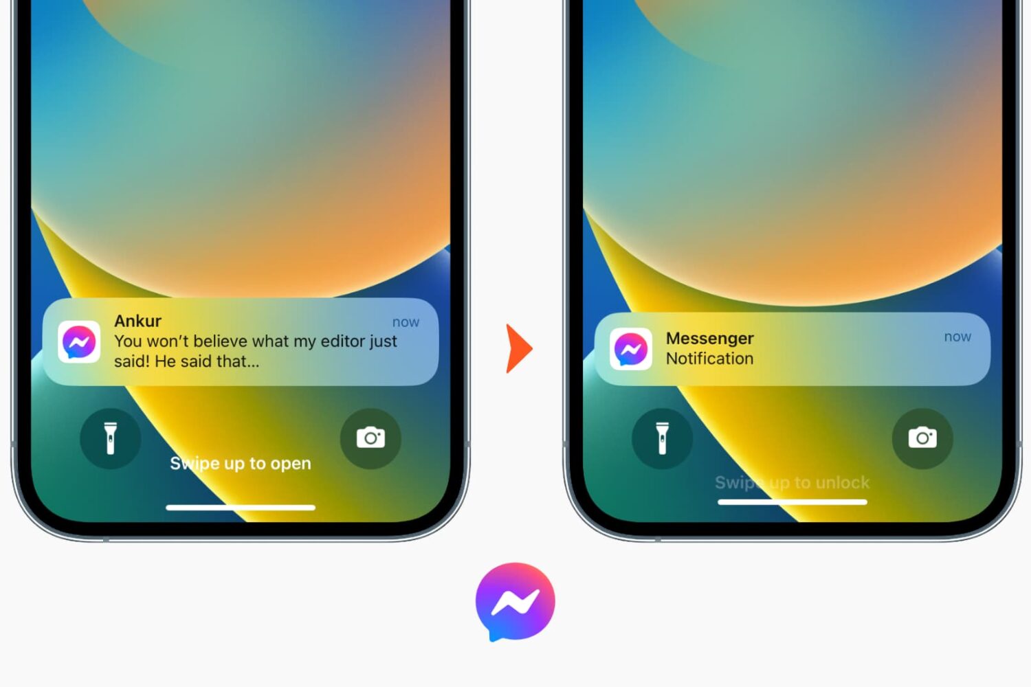 Two iPhone mockups with one showing Messenger notification preview and one hiding it