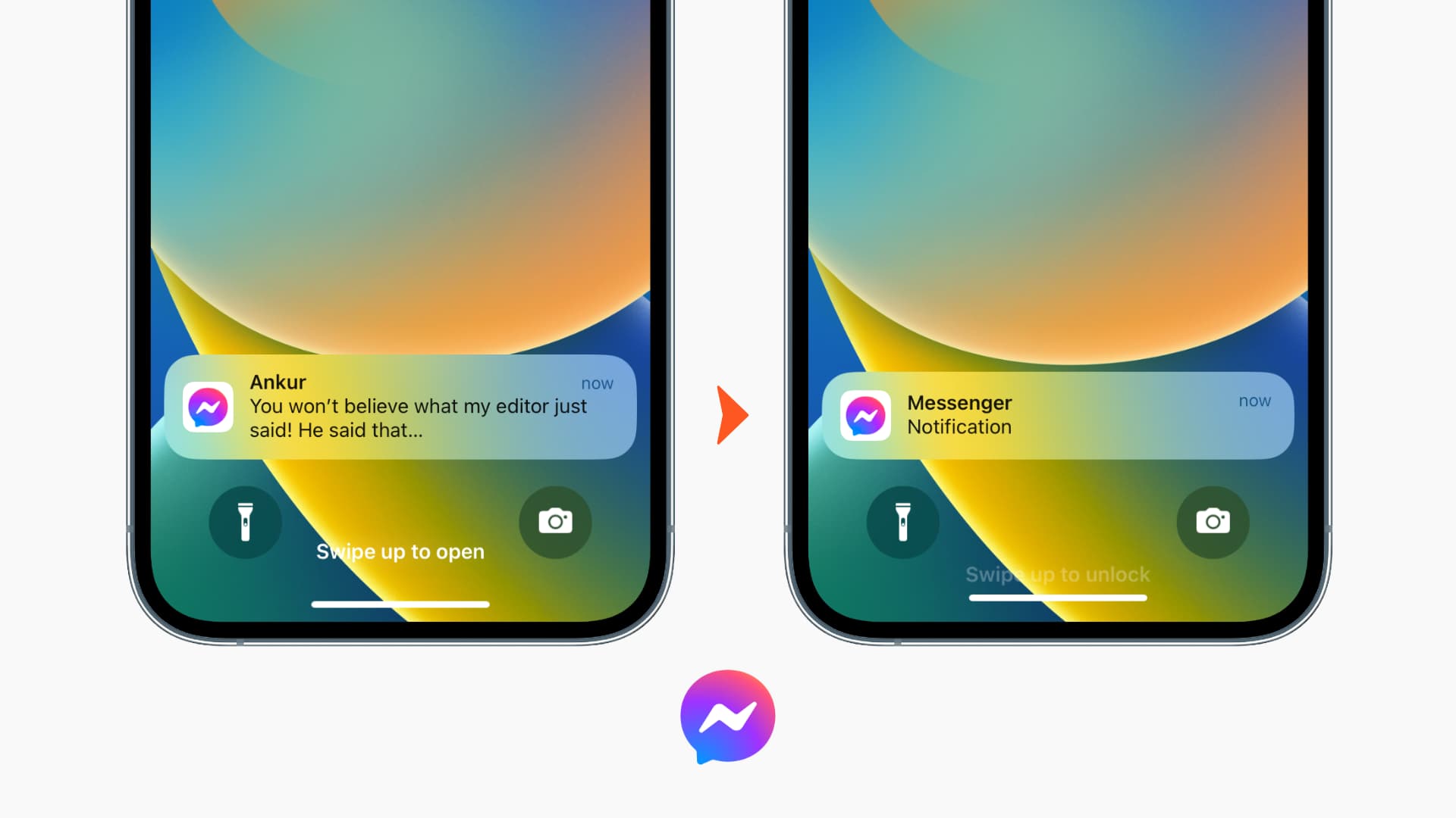 Two iPhone mockups with one showing Messenger notification preview and one hiding it