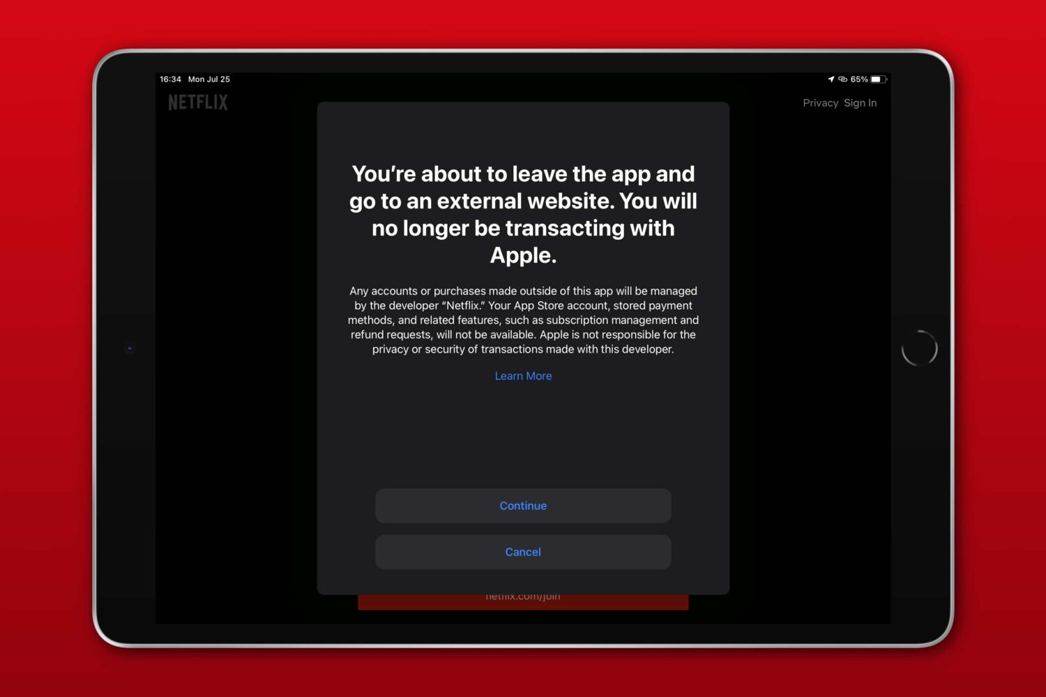 iPad screenshot showing a disclaimer when using external payments in the Netflix app