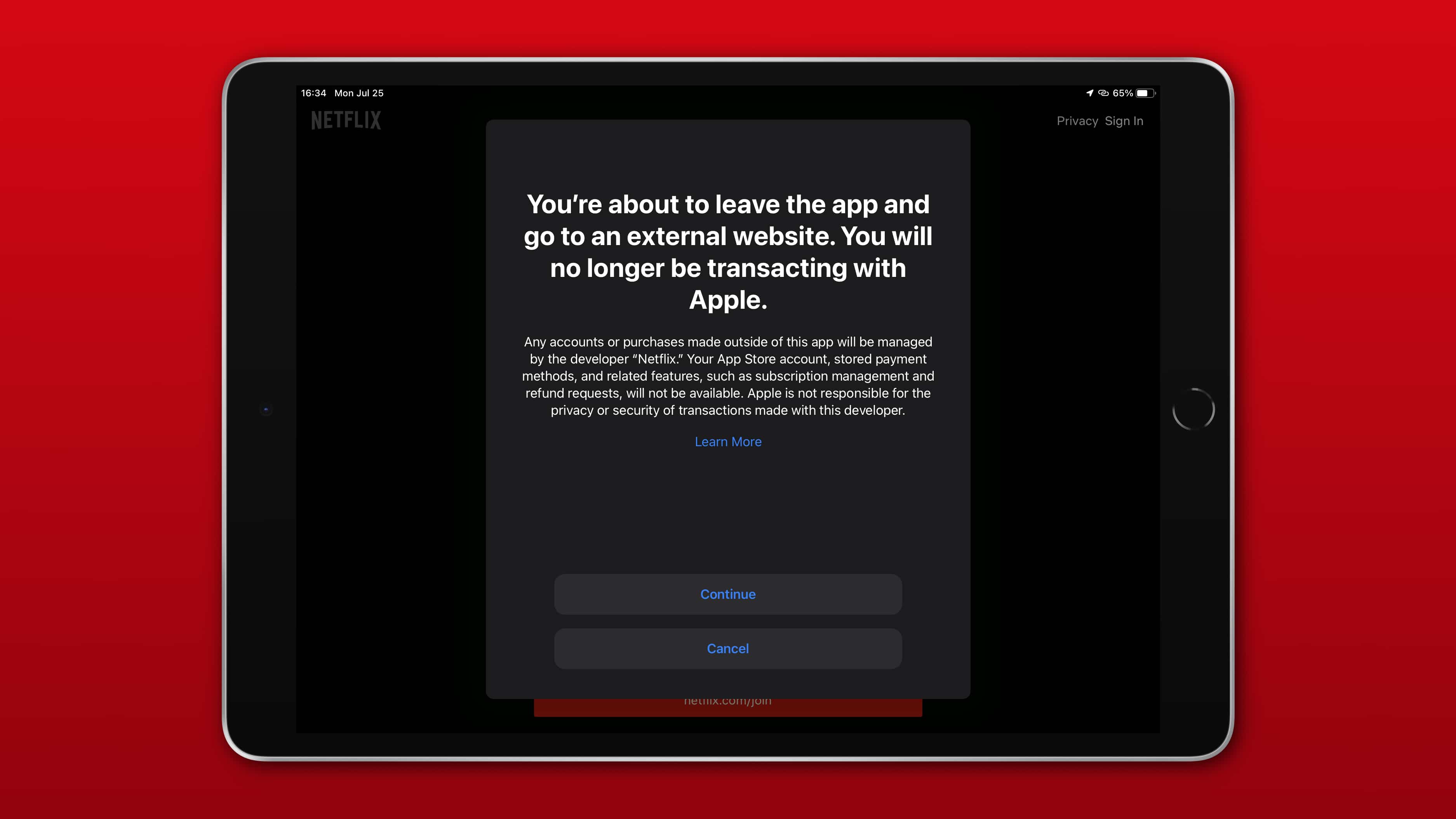 iPad screenshot showing a disclaimer when using external payments in the Netflix app