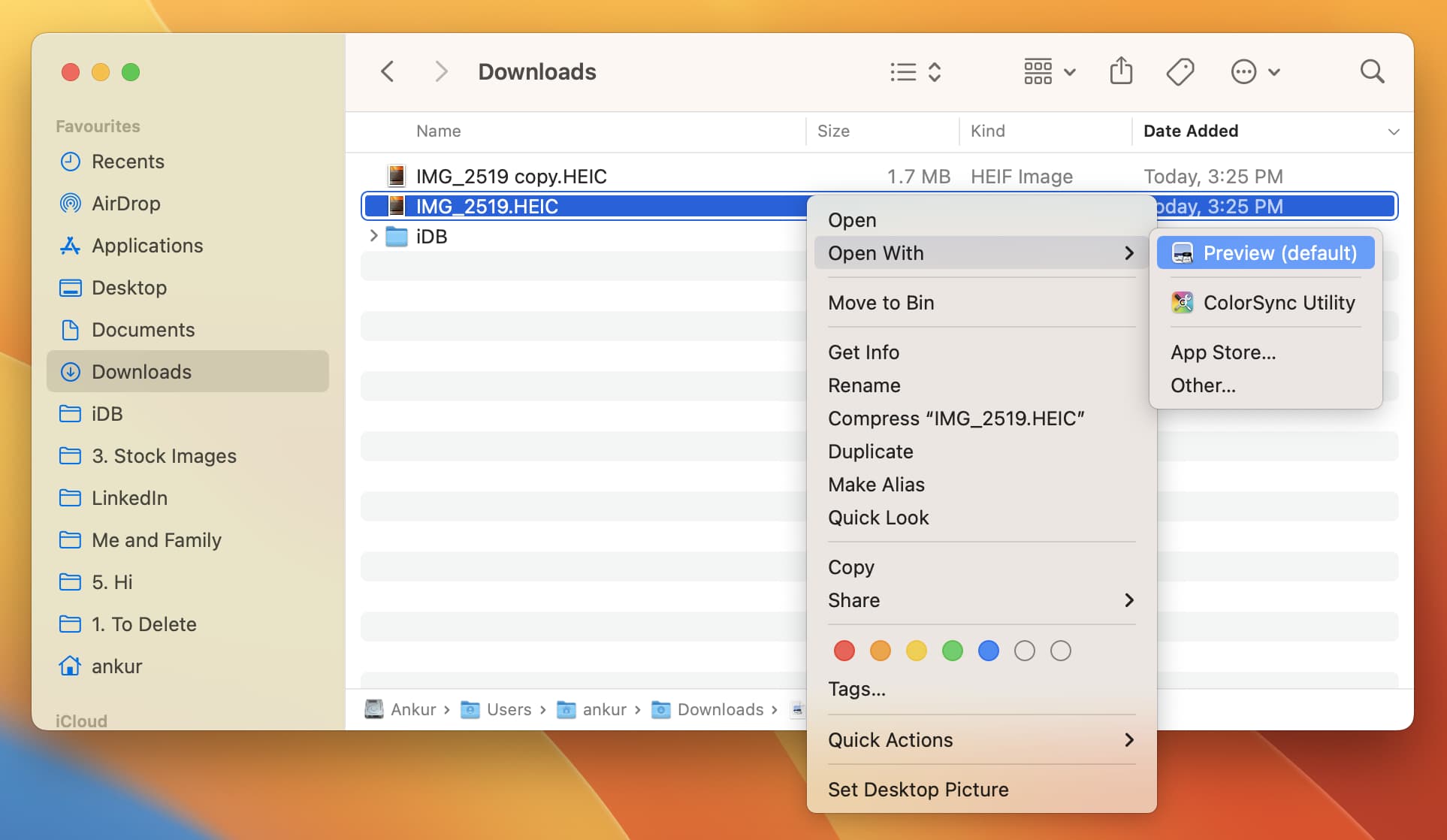 Steps showing how to open HEIC images using Preview on Mac