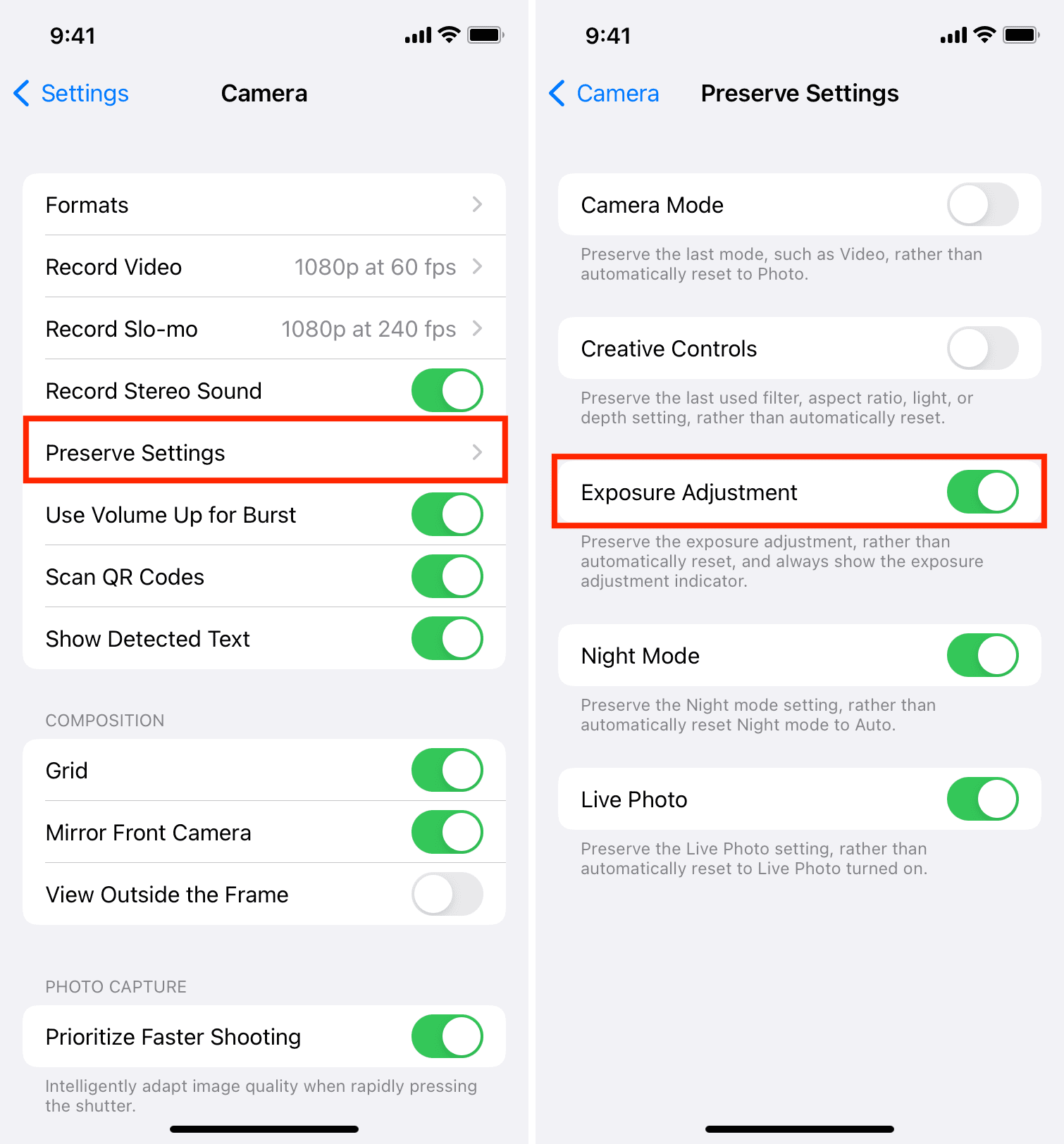 Preserve Exposure Adjustment settings on iPhone