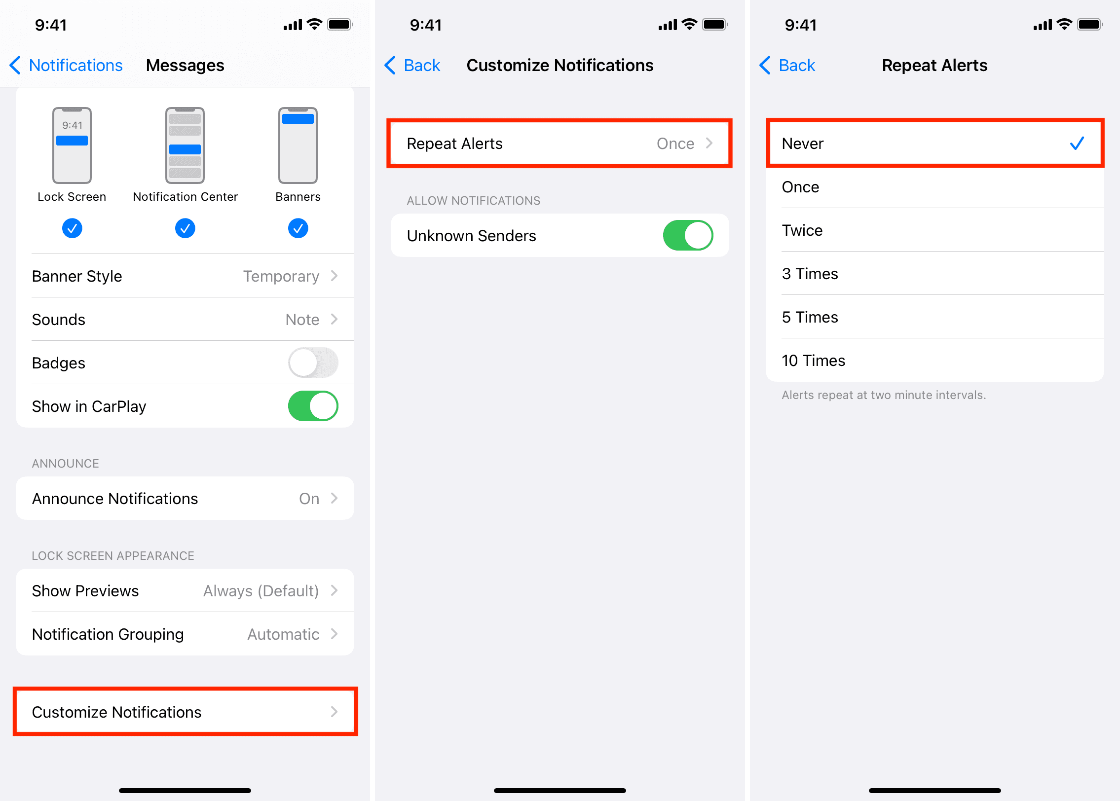 Repeat Alerts in notification settings for Messages on iPhone